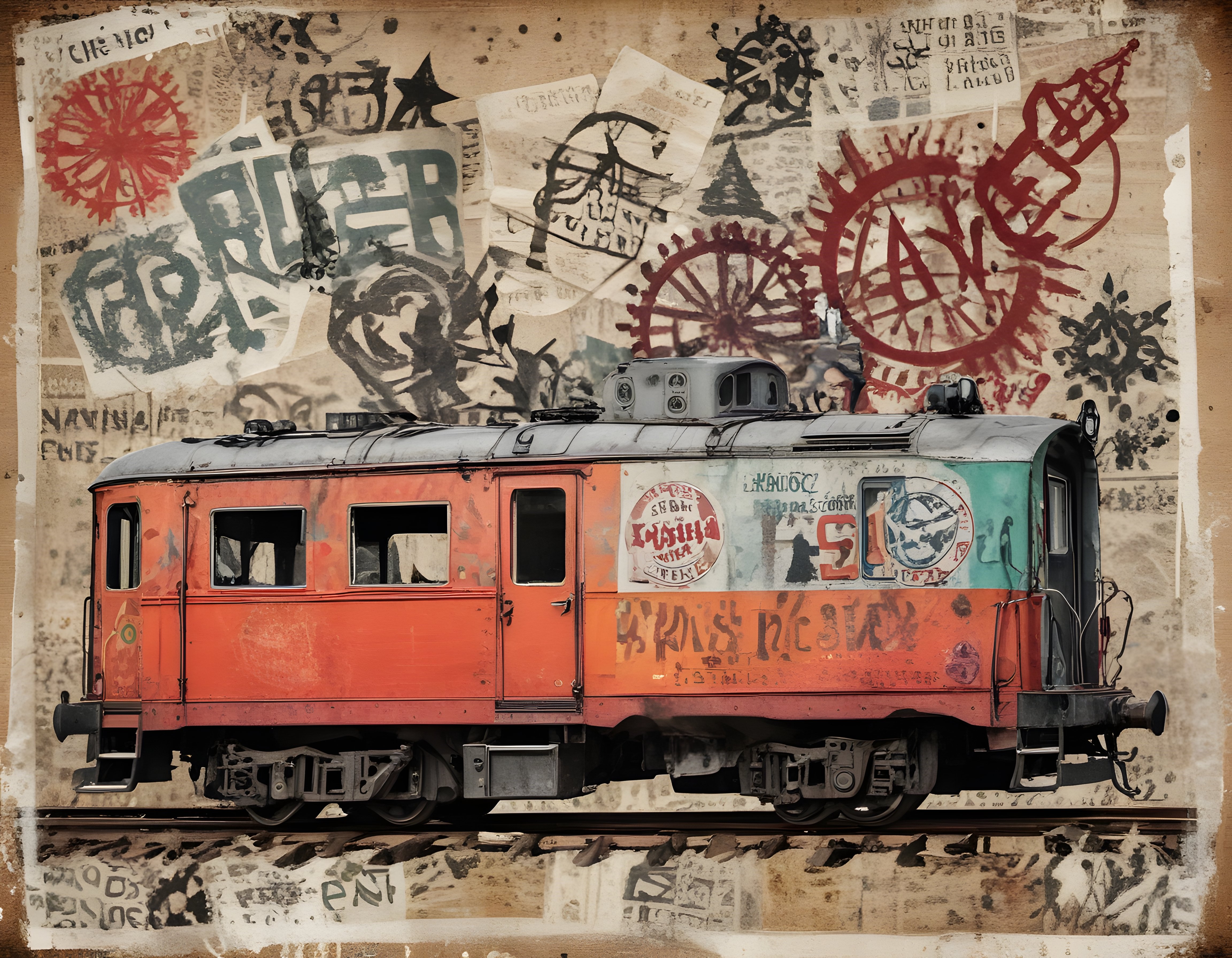 Urban Stil Poster ve Grafiti Dokulu Arka Planda Vintage Turuncu Tren Vagonu