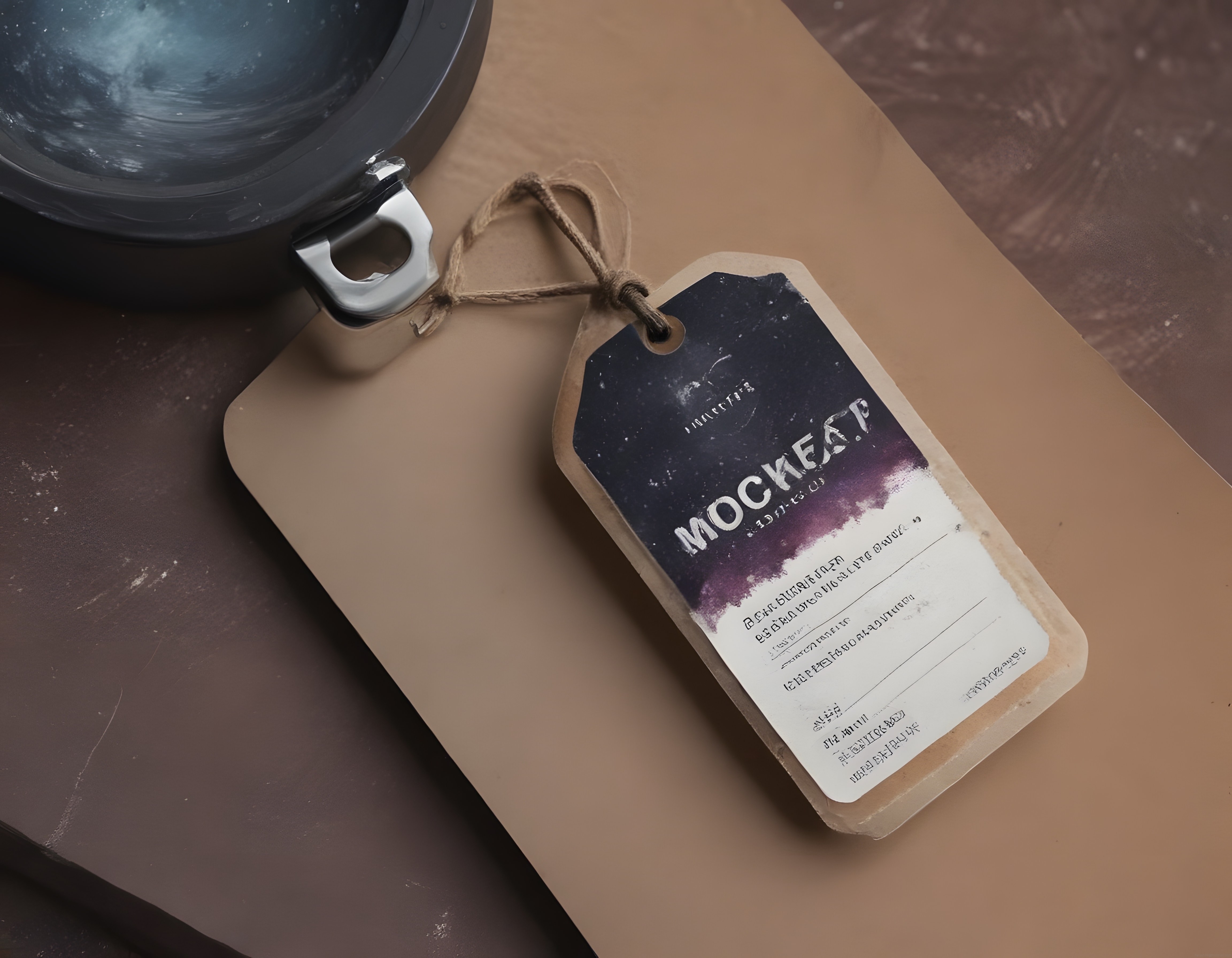 ürün etiketi mockup ve metal mutfak tepsisi detaylı stüdyo fotoğraf çalışması