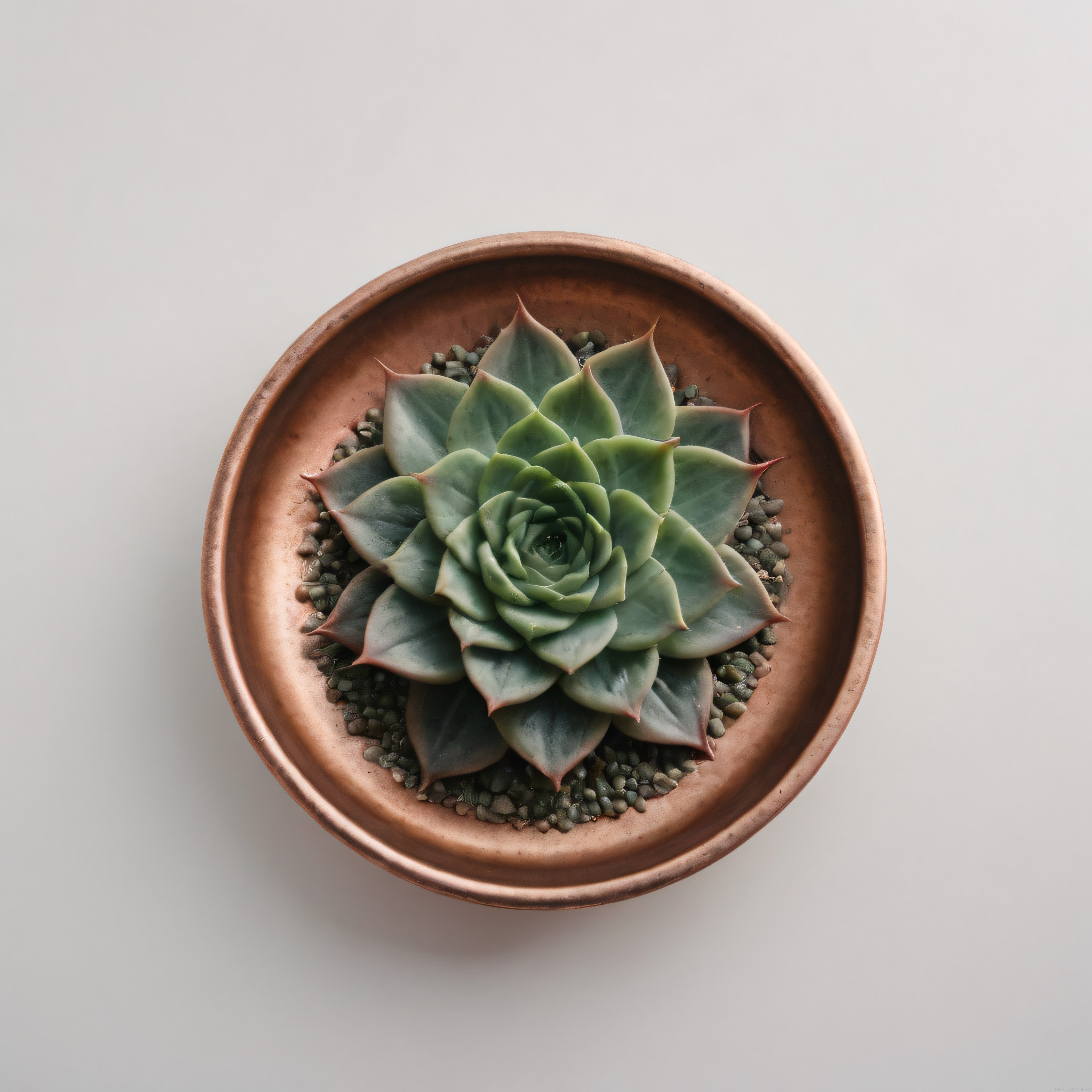 Üst Açıdan Bakır Saksıda Echeveria Sukulent ile Sakin ve Doğal Stil