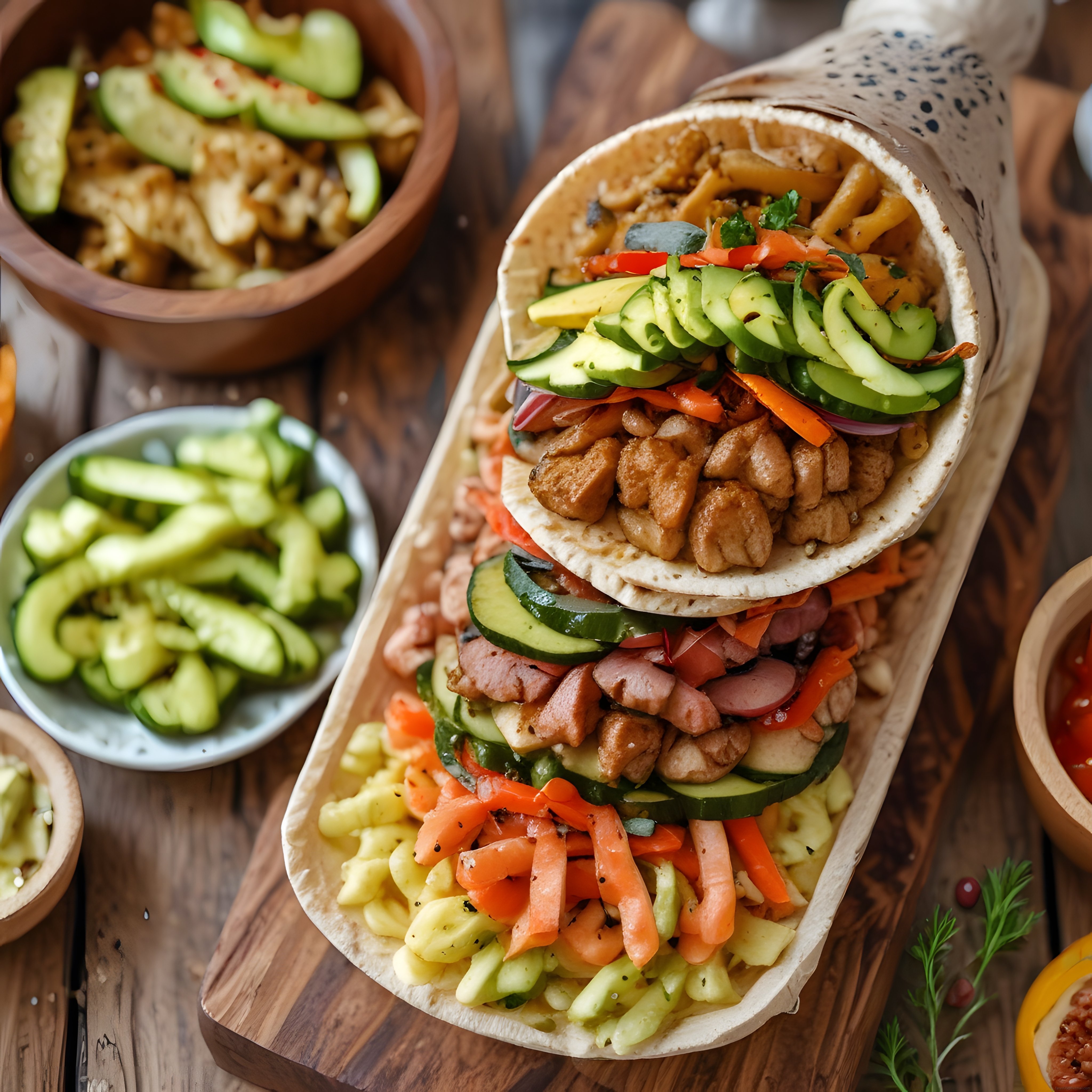 üst üste dizilmiş tavuklu sebzeli taco sunumu, ahşap masa üzerinde taze salata