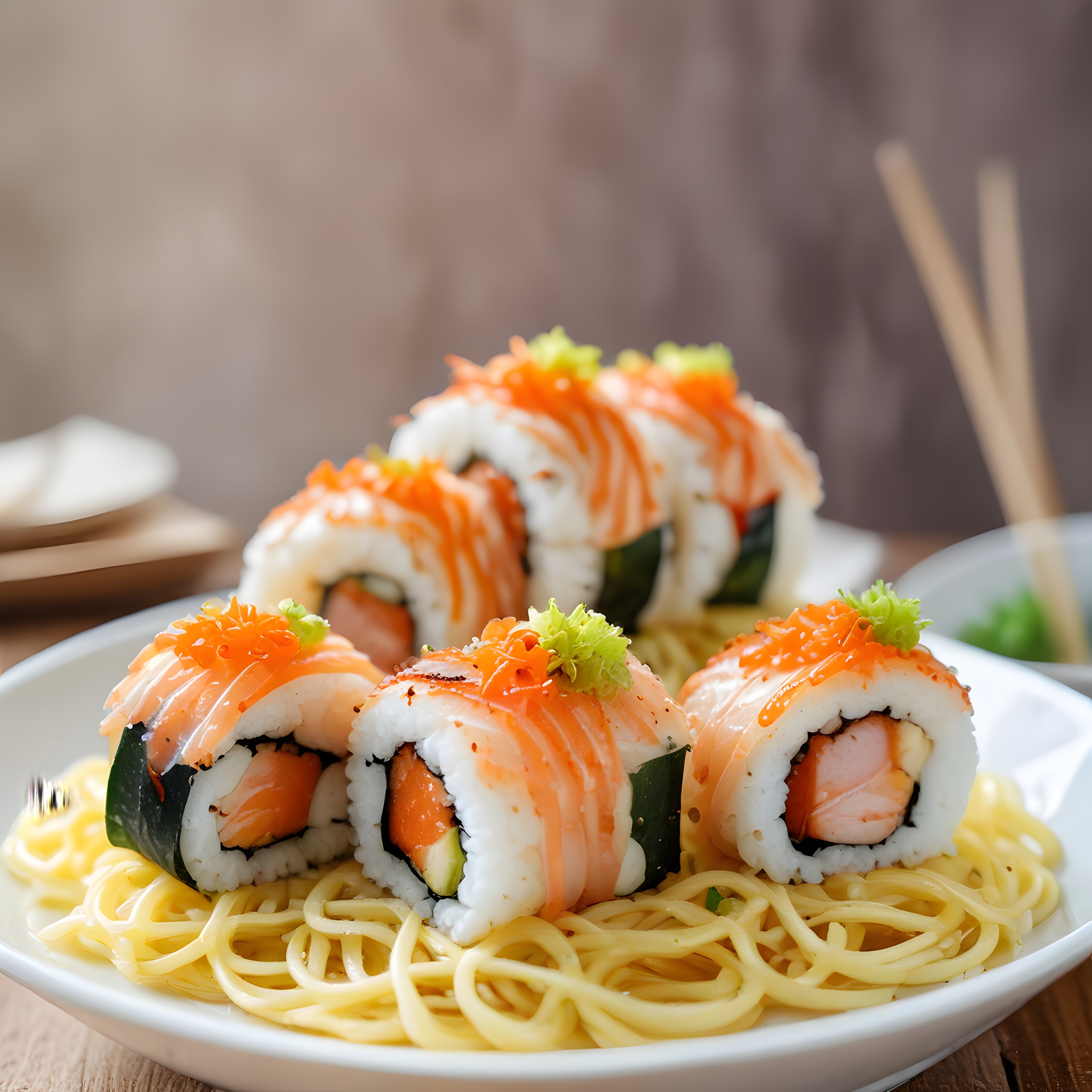 Ustaca Hazırlanmış Taze Somonlu Uramaki Sushi ve Erişte Tabağı
