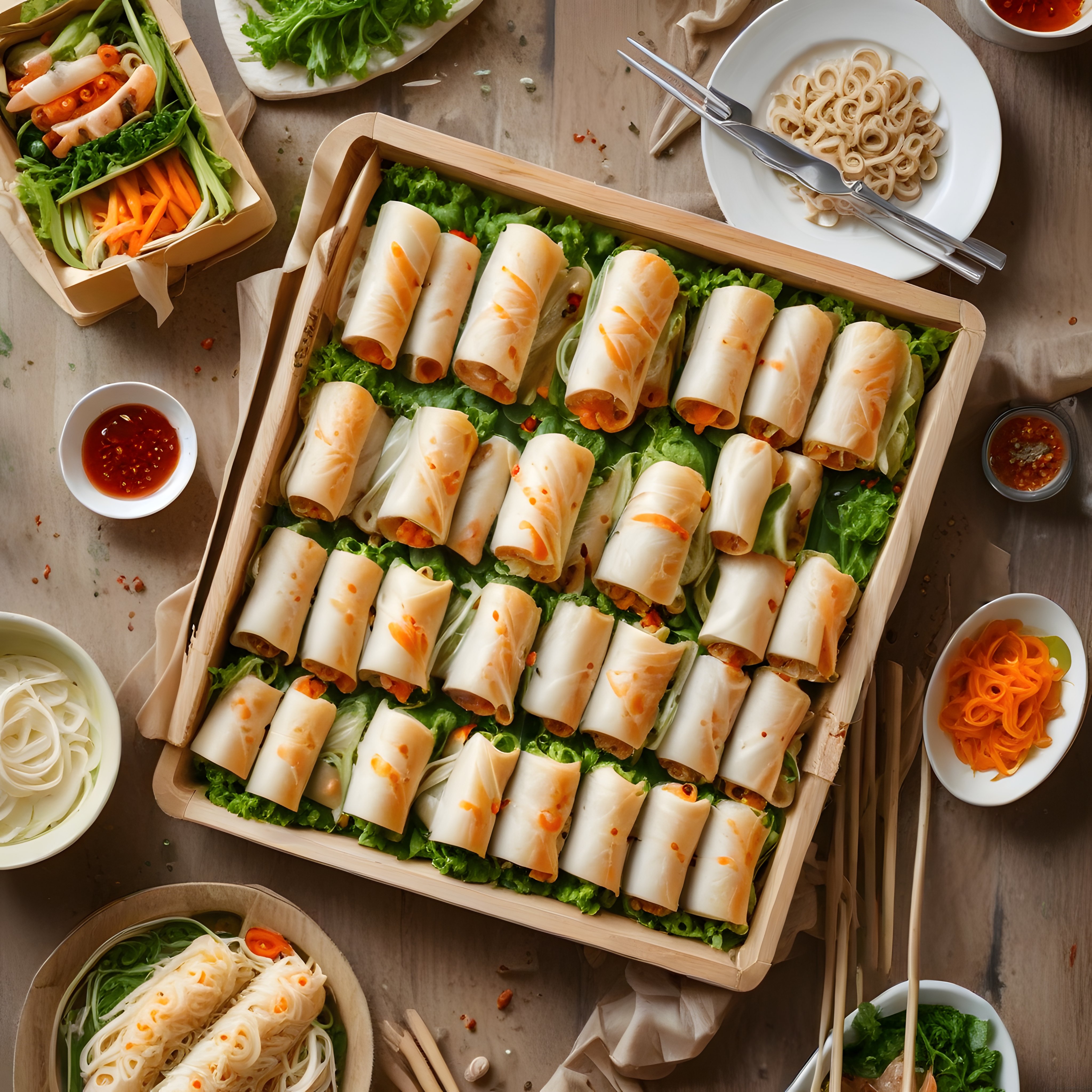 Ustalıkla Hazırlanmış Taze Sebzeli Asya Spring Rolls ve Yanında Baharatlı Soslar