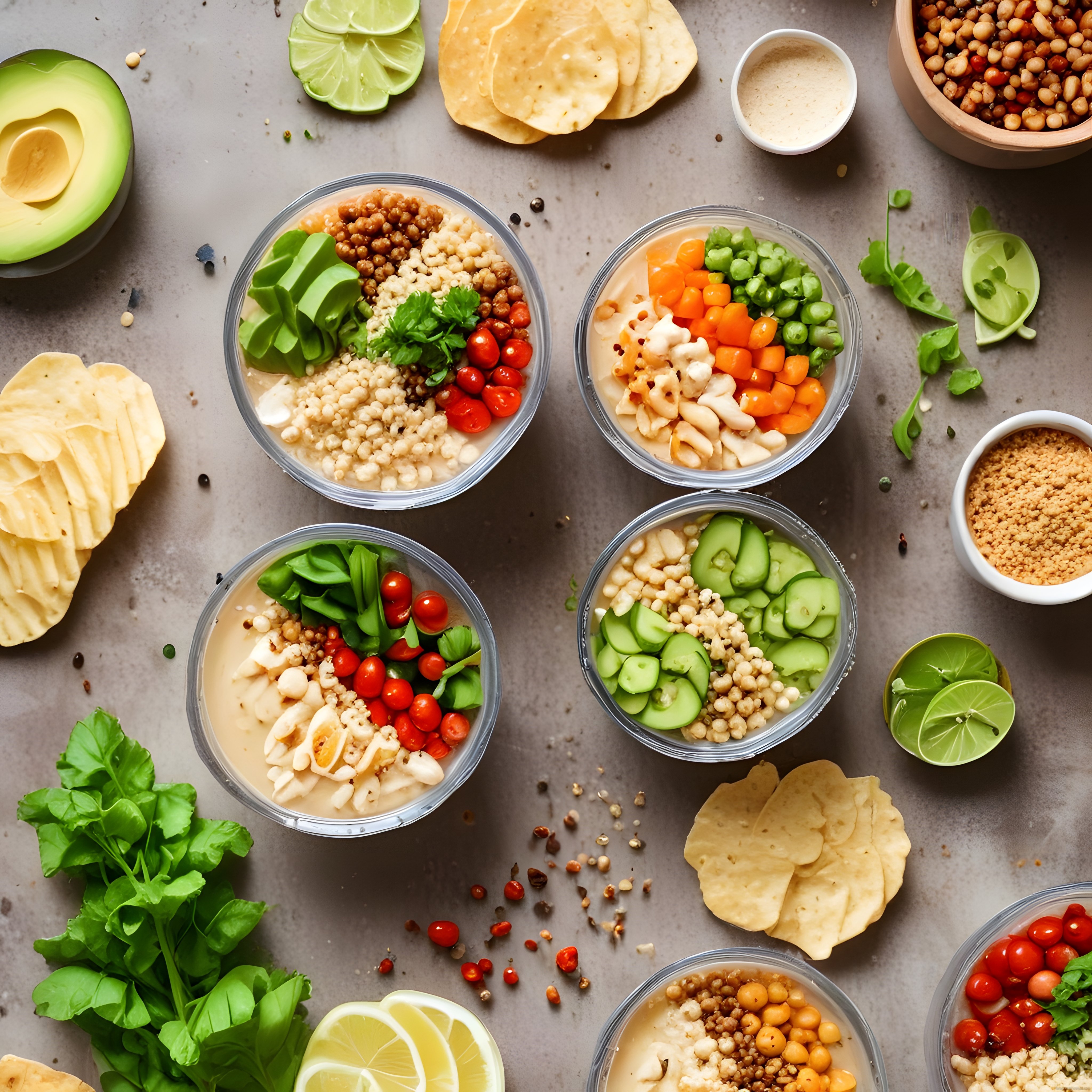 Üstten Çekilmiş Renkli Hummus Kaseleri ve Taze Malzemelerle Sunum