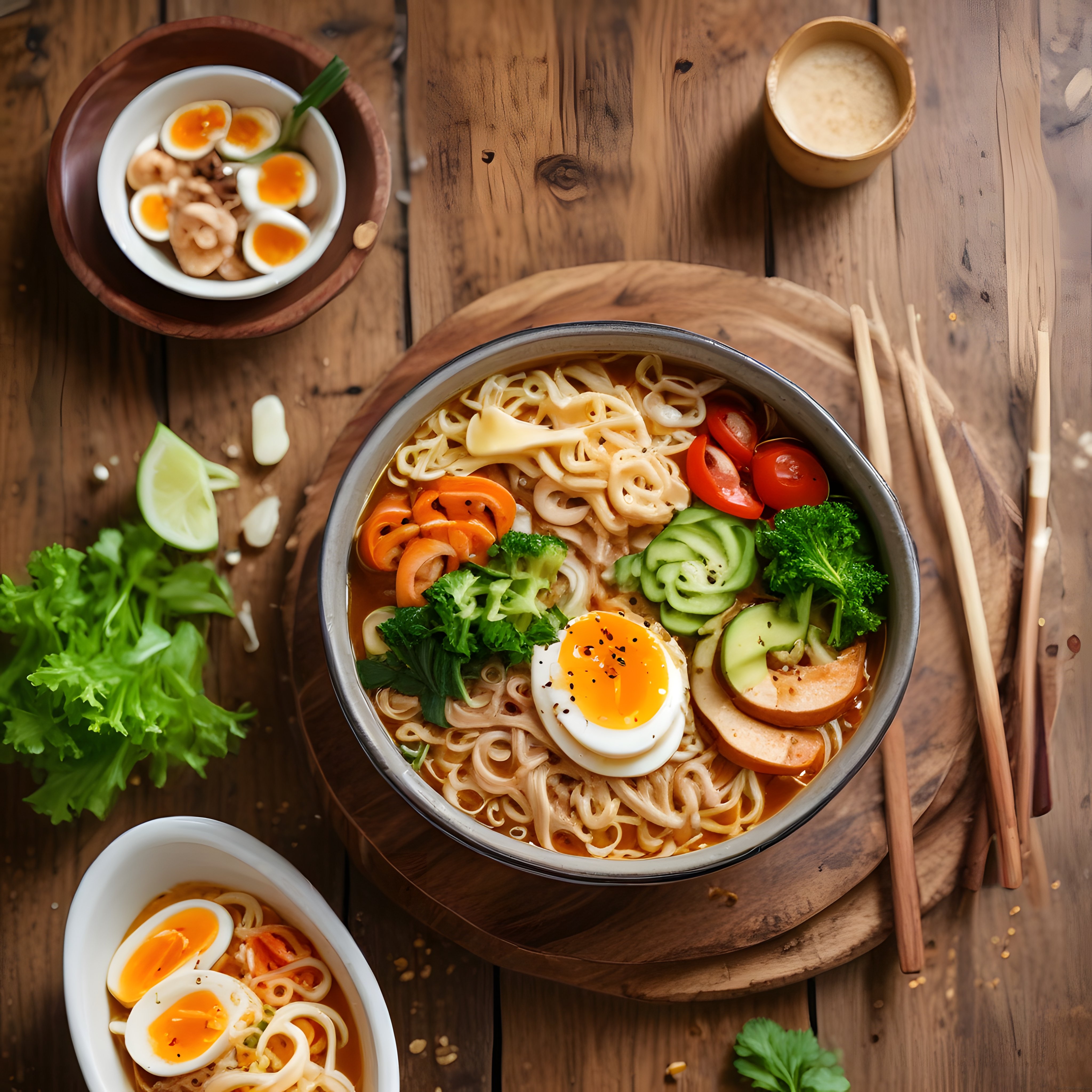 Üstten Çekim Asya Ramen Kasesi: Sebzeli ve Yumurtalı Noodle Çorbası