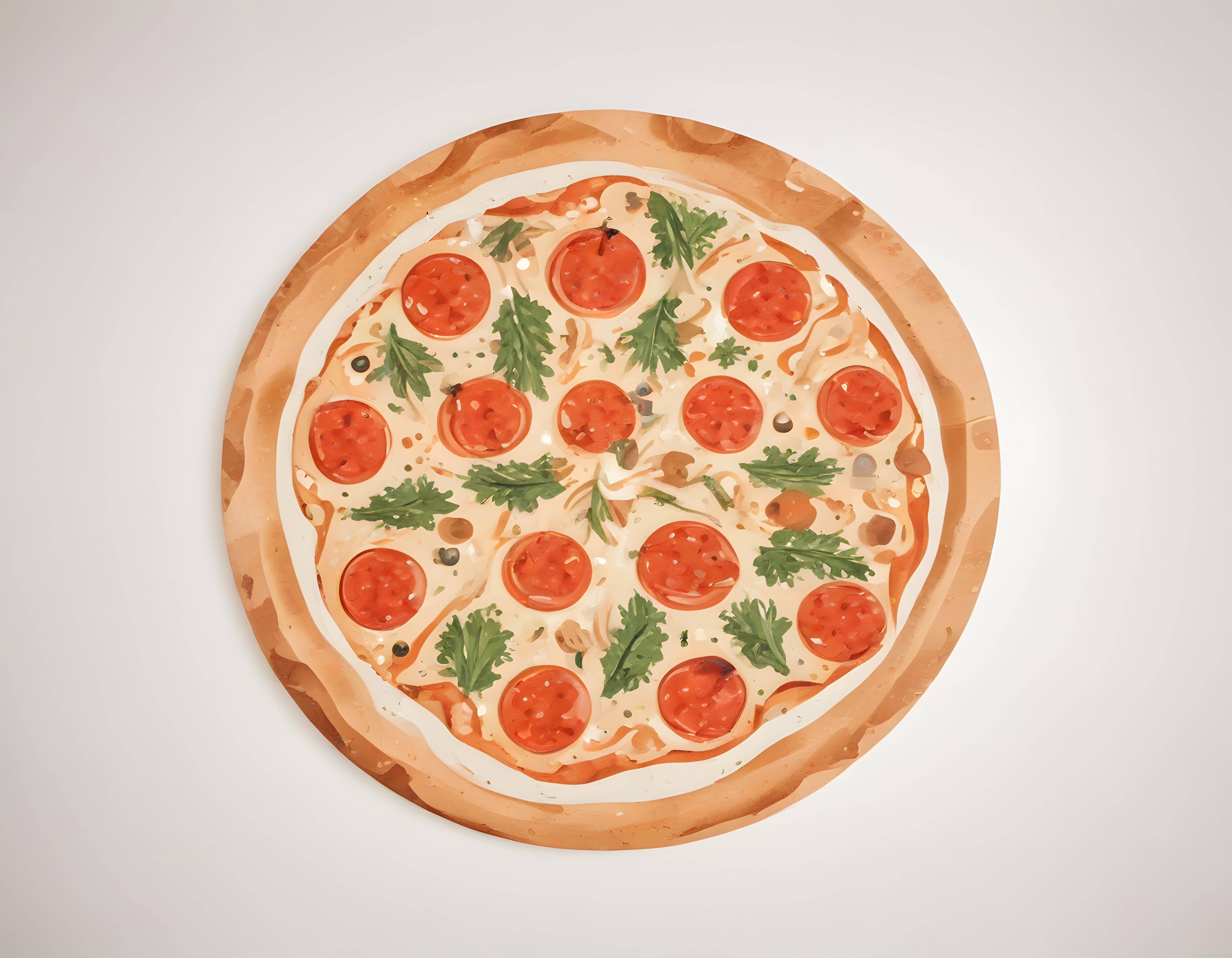 üstten çekim suluboya tarzı pepperoni, roka ve zeytinli pizza görseli