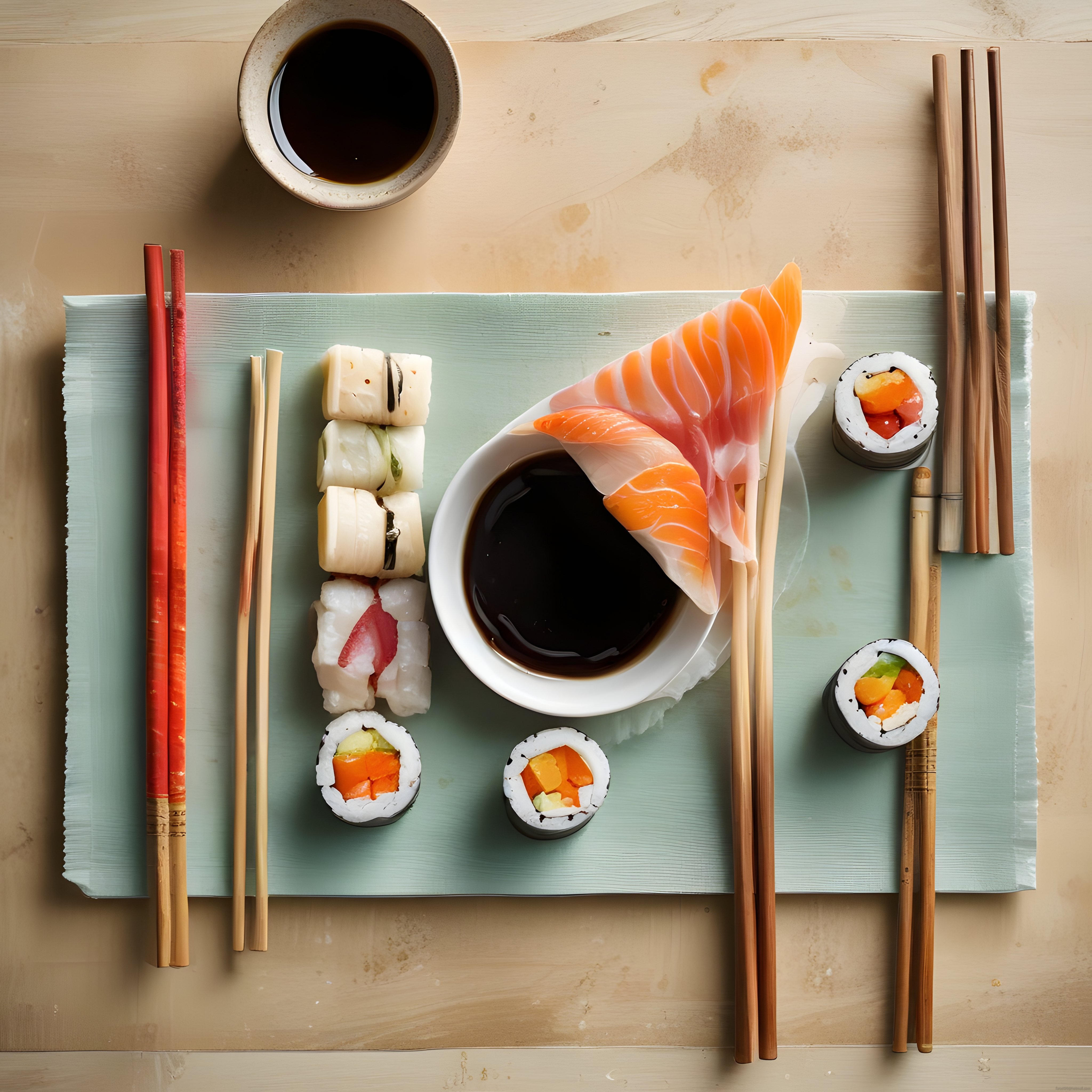 üstten çekim sushi ve sashimi sunumu ile japon mutfağından lezzet dolu bir sofra