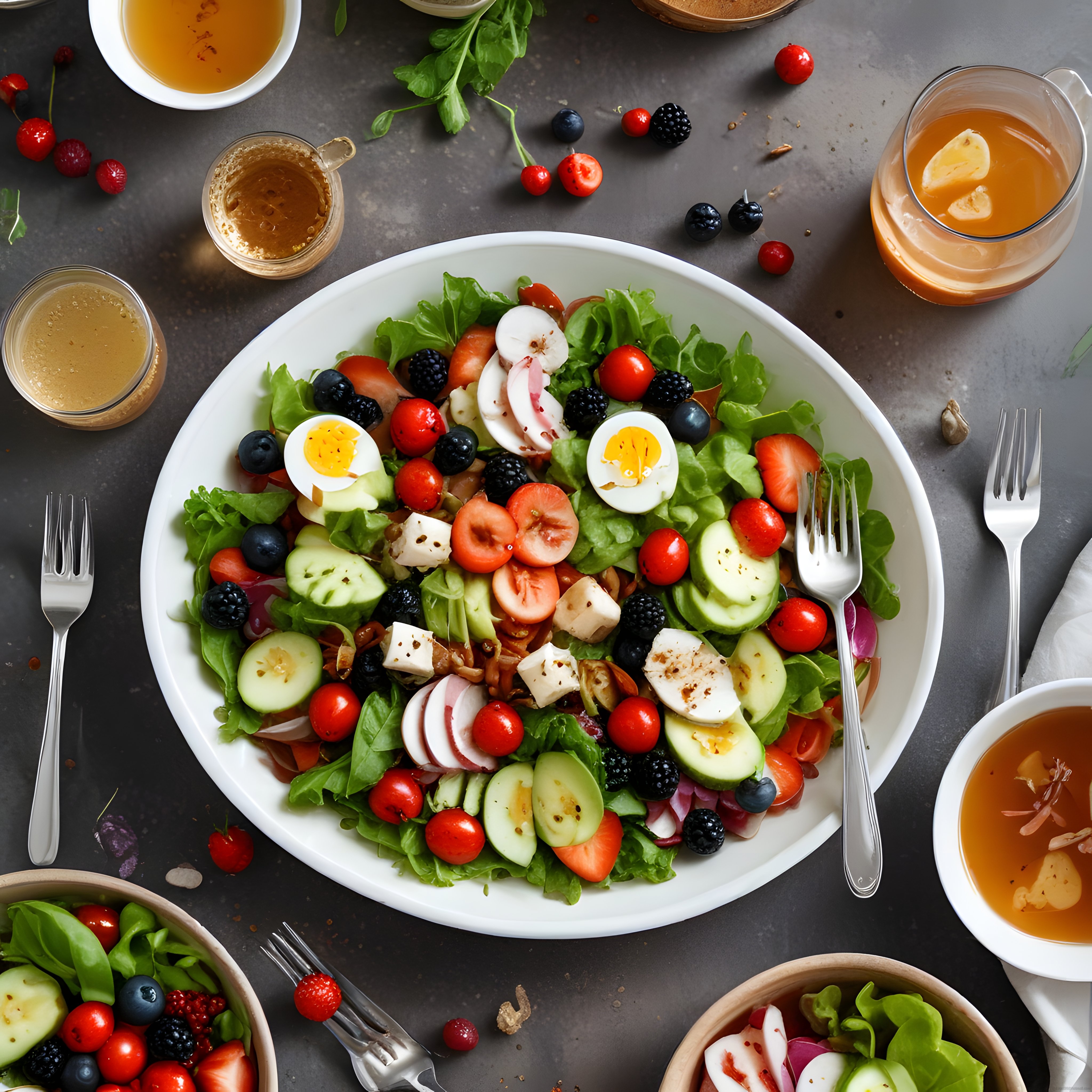 Üstten Çekimde Büyük Kasede Yumurtalı ve Böğürtlenli Sağlıklı Salata
