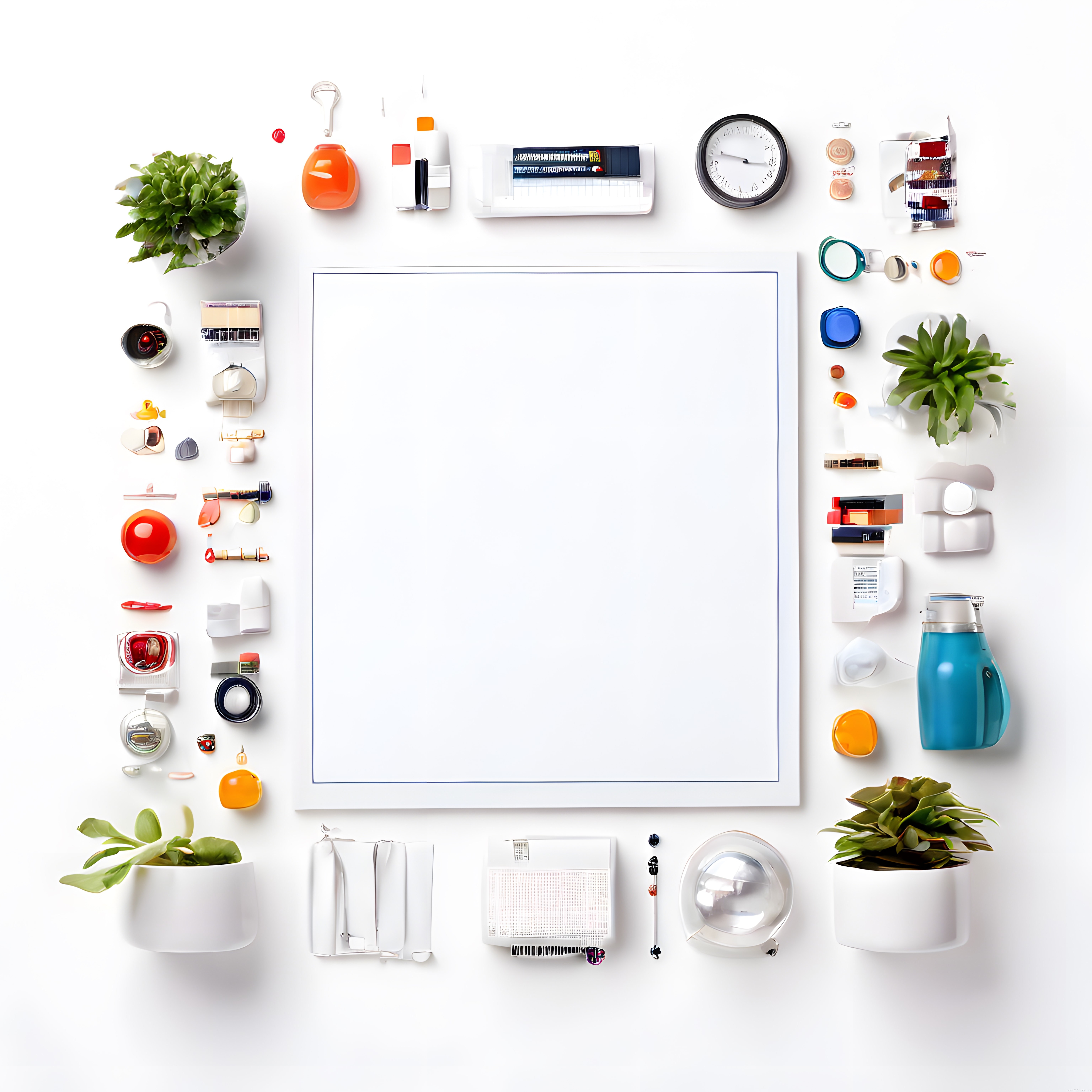 üstten düz çekim organize çalışma alanı minimalist ofis ve boş çerçeve