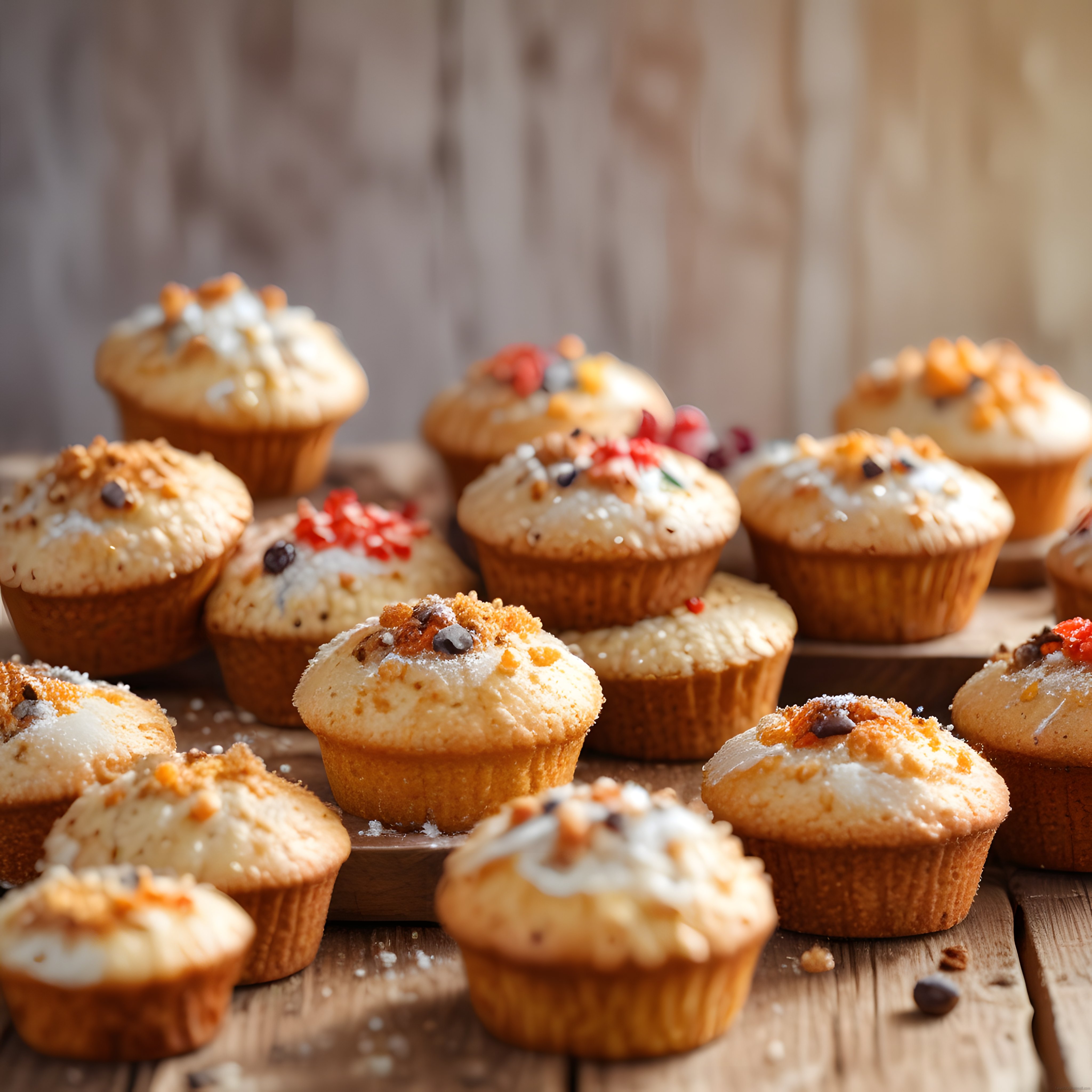 Üstü süslenmiş küçük kek ve muffinler ahşap yüzeyde