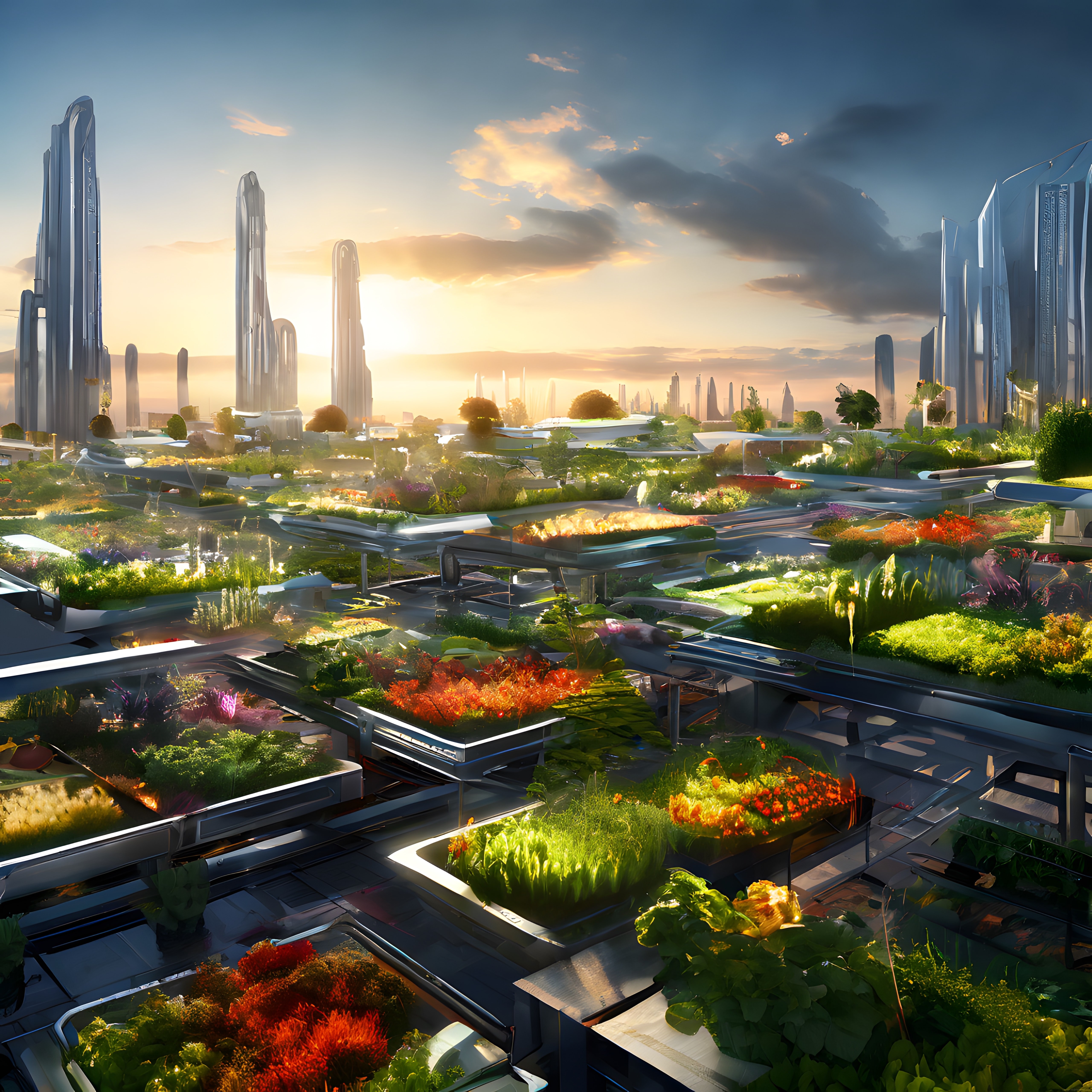 Utopik Gelecek Şehir Manzarası: Dikey Tarım Alanları ve Modern Gökdelenler