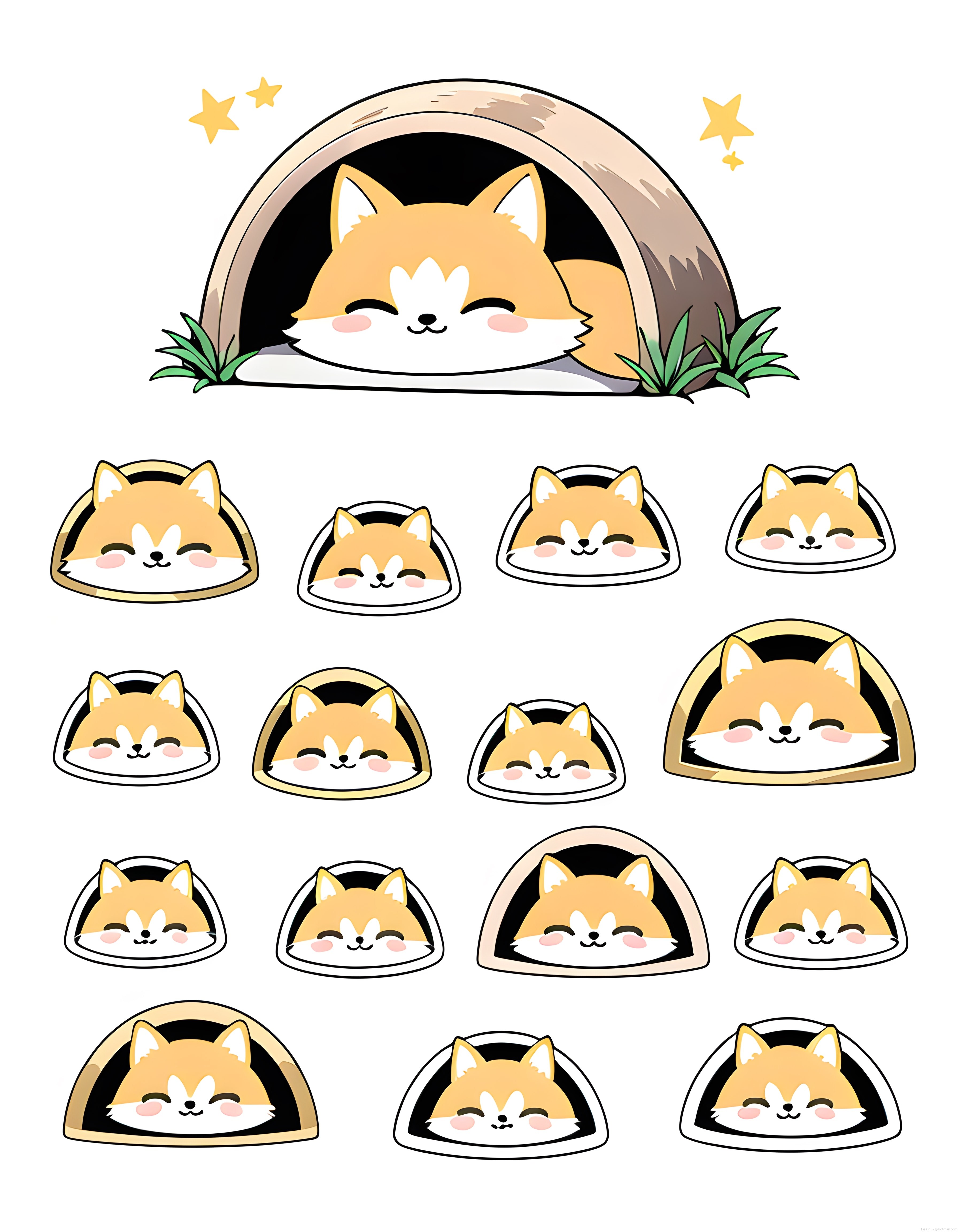 Uykucu tilki vektör seti: sevimli kawaii çizim ve sticker koleksiyonu