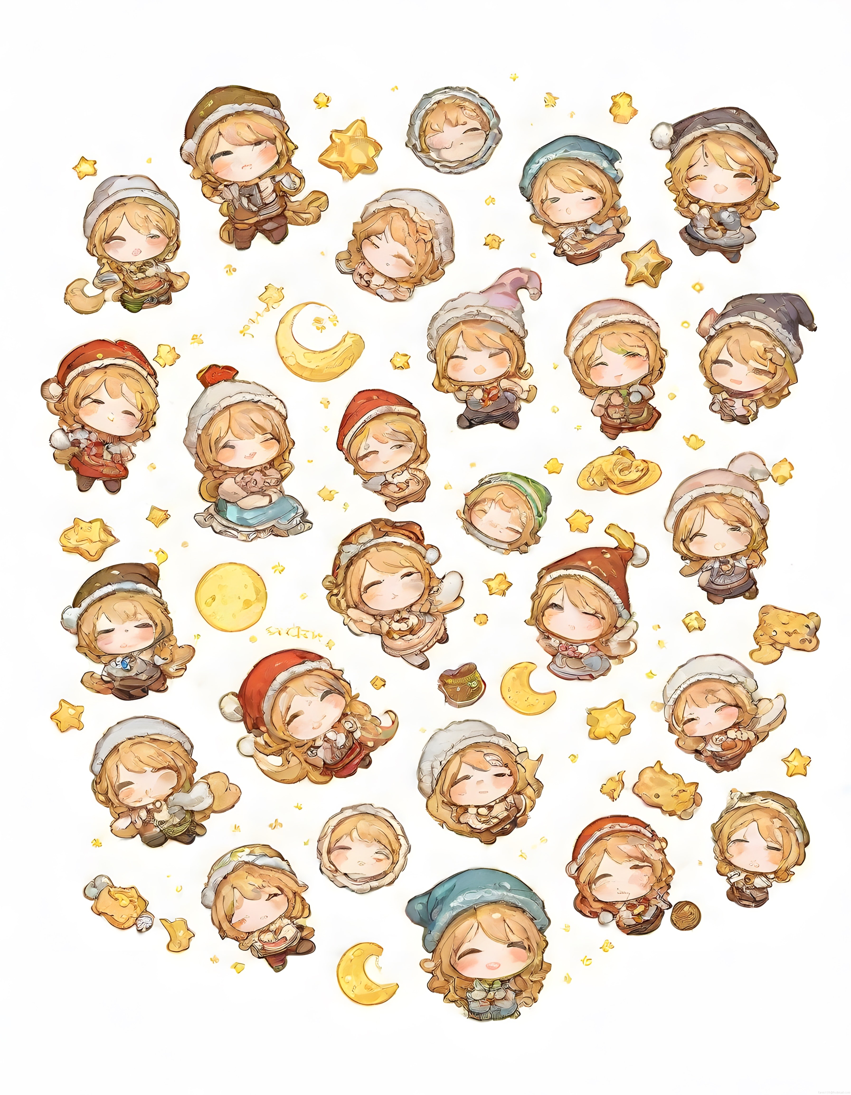 Uykulu chibi kızlar ve yıldızlarla süslenmiş pastel dijital sticker seti