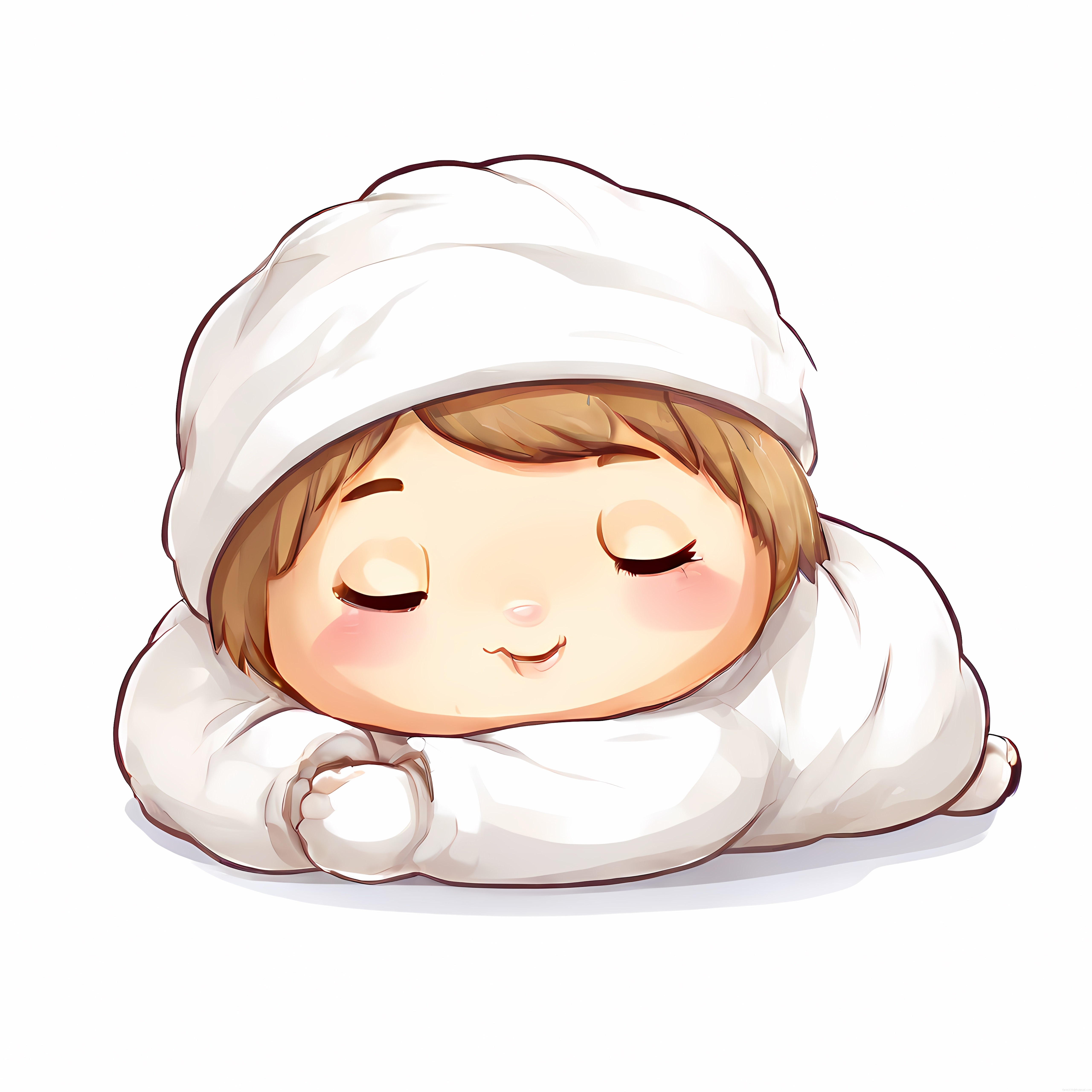 Uykulu Kawaii Chibi Karakter: Beyaz Bereli Sevimli Dijital Anime Sanatı