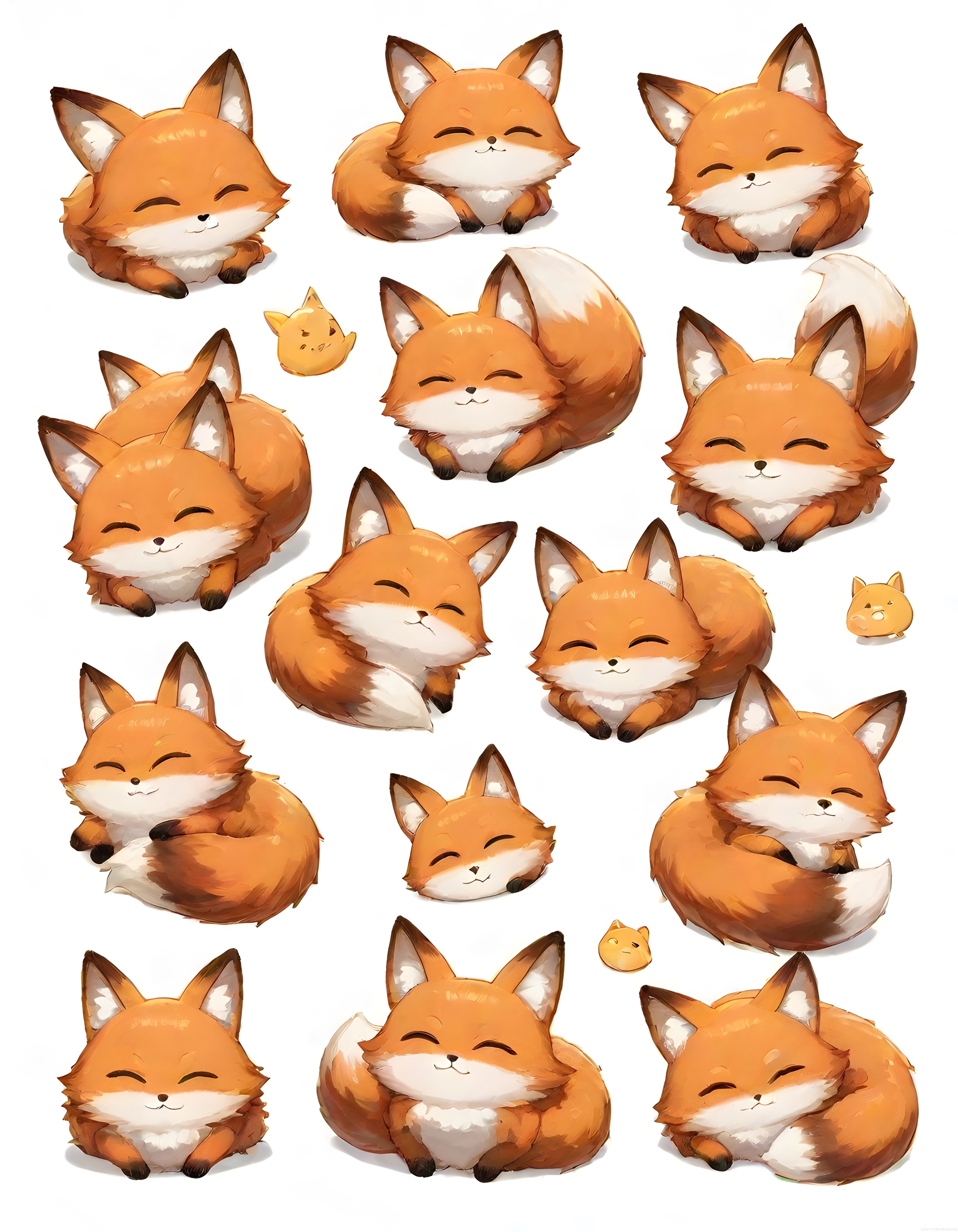 Uykulu Sevimli Tilki Yavruları Kawaii Dijital Çizim Koleksiyonu Karakter Paketi