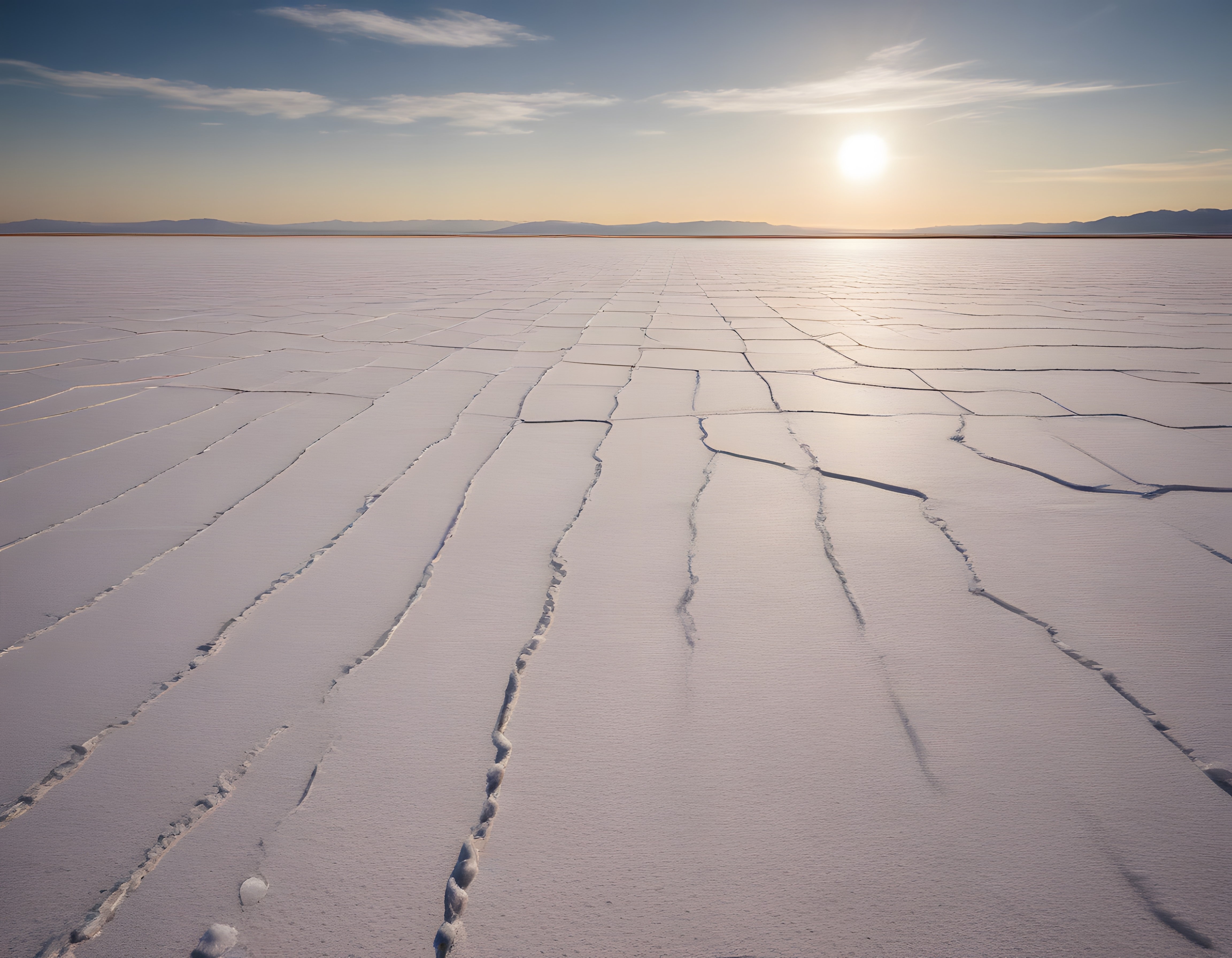 Uyuni Tuz Gölünde Büyüleyici Günbatımı: Doğal Çatlak Desenleriyle Sonsuz Beyaz Manzara