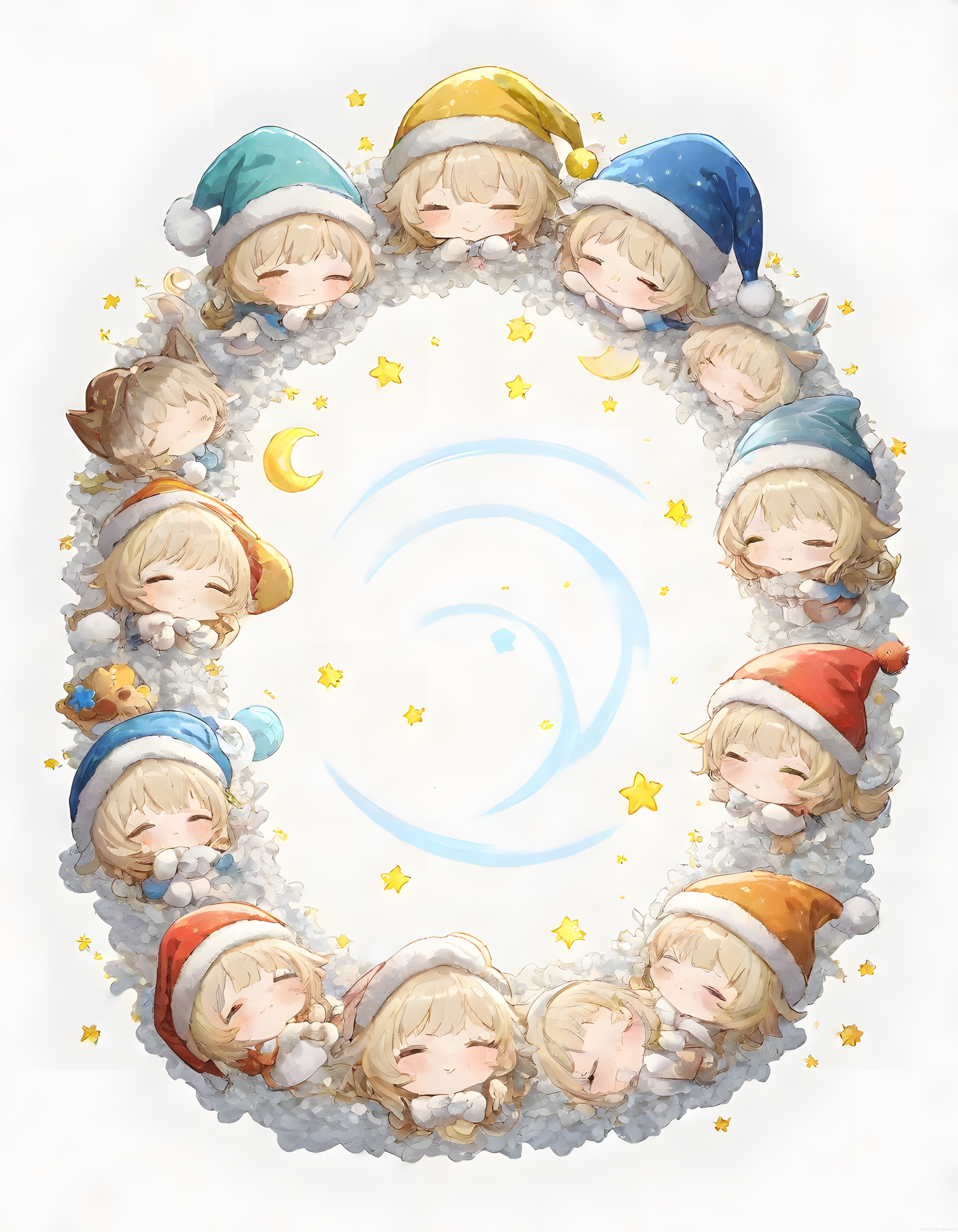 Uyuyan Chibi Anime Karakterlerinden Oluşan Yıldızlı ve Mistik Dijital Çerçeve