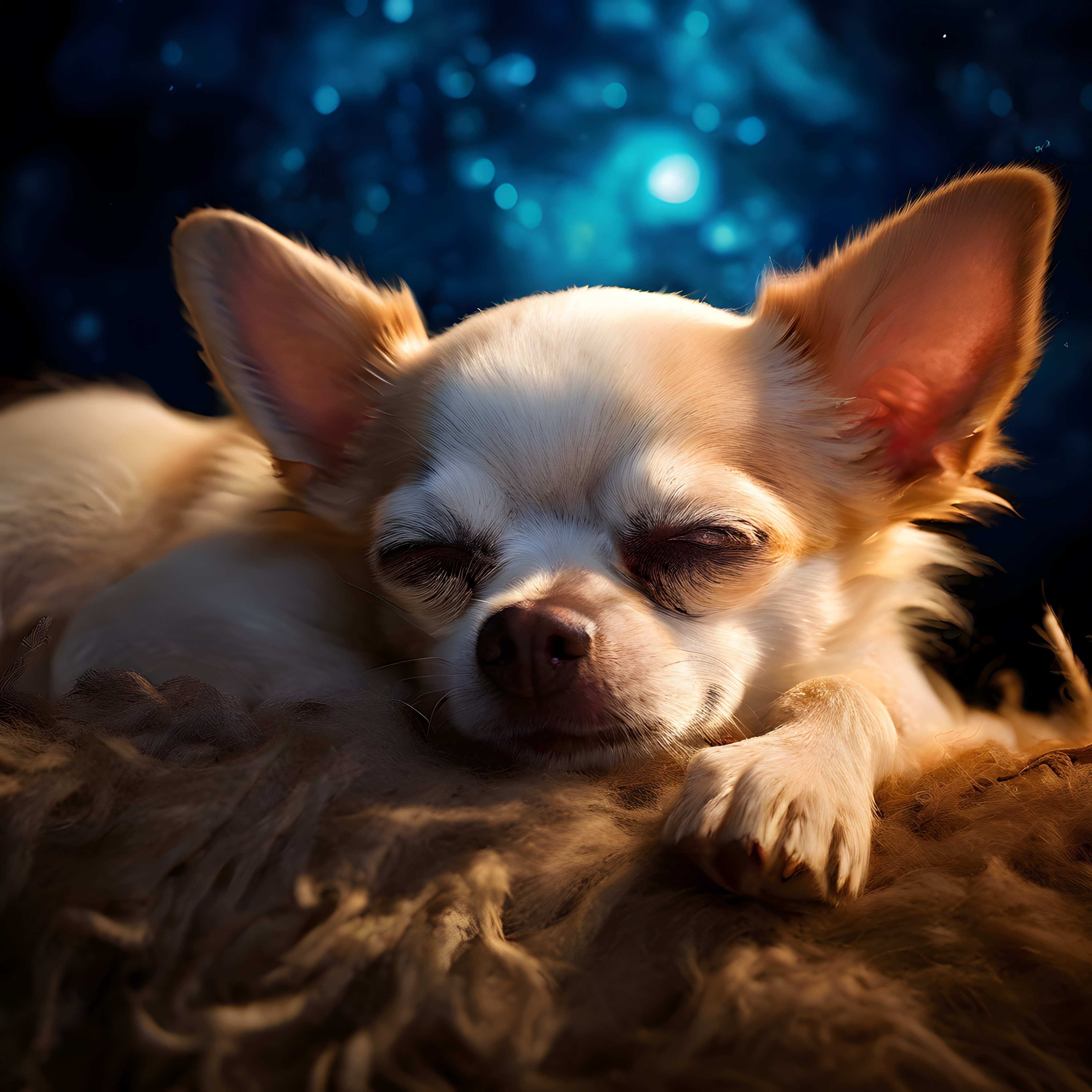 Uyuyan Chihuahua'nın Yumuşak Işıklar Altındaki Huzurlu ve Sakin Anları