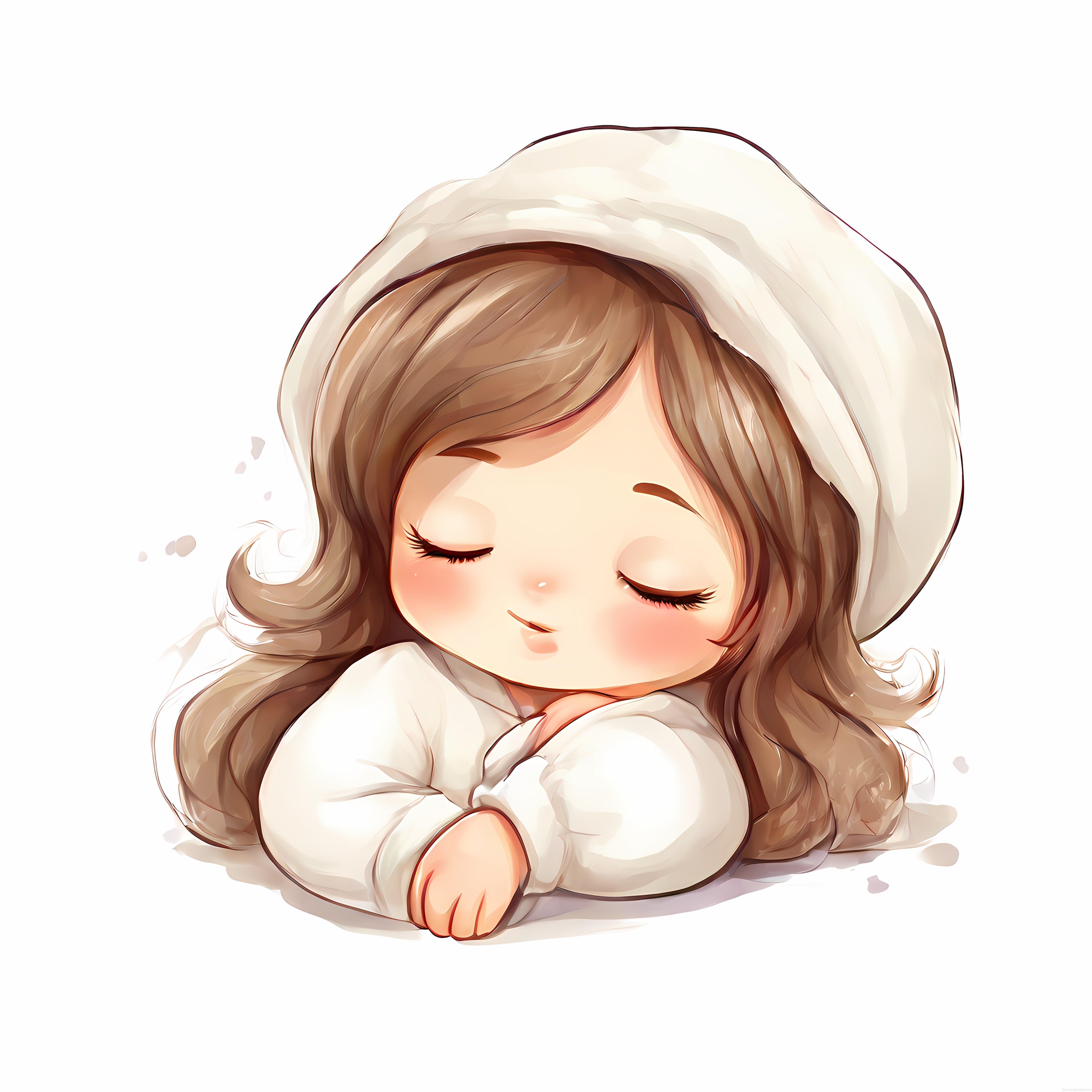 Uyuyan Sevimli Chibi Bebek Çizimi, Suluboya Tarzı Dijital Sanat