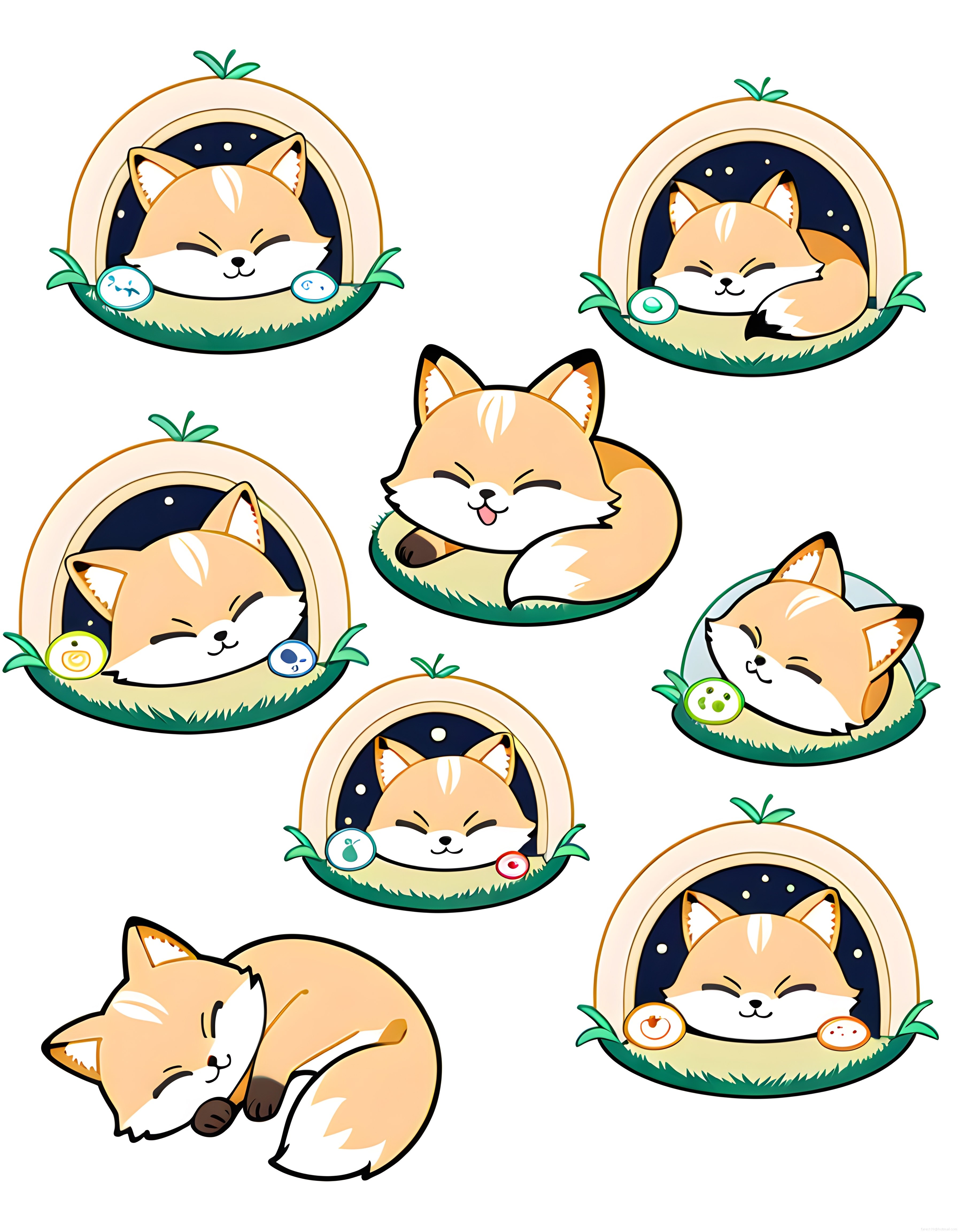Uyuyan tilki maskotları ve meyve dilimli kawaii dijital sticker seti
