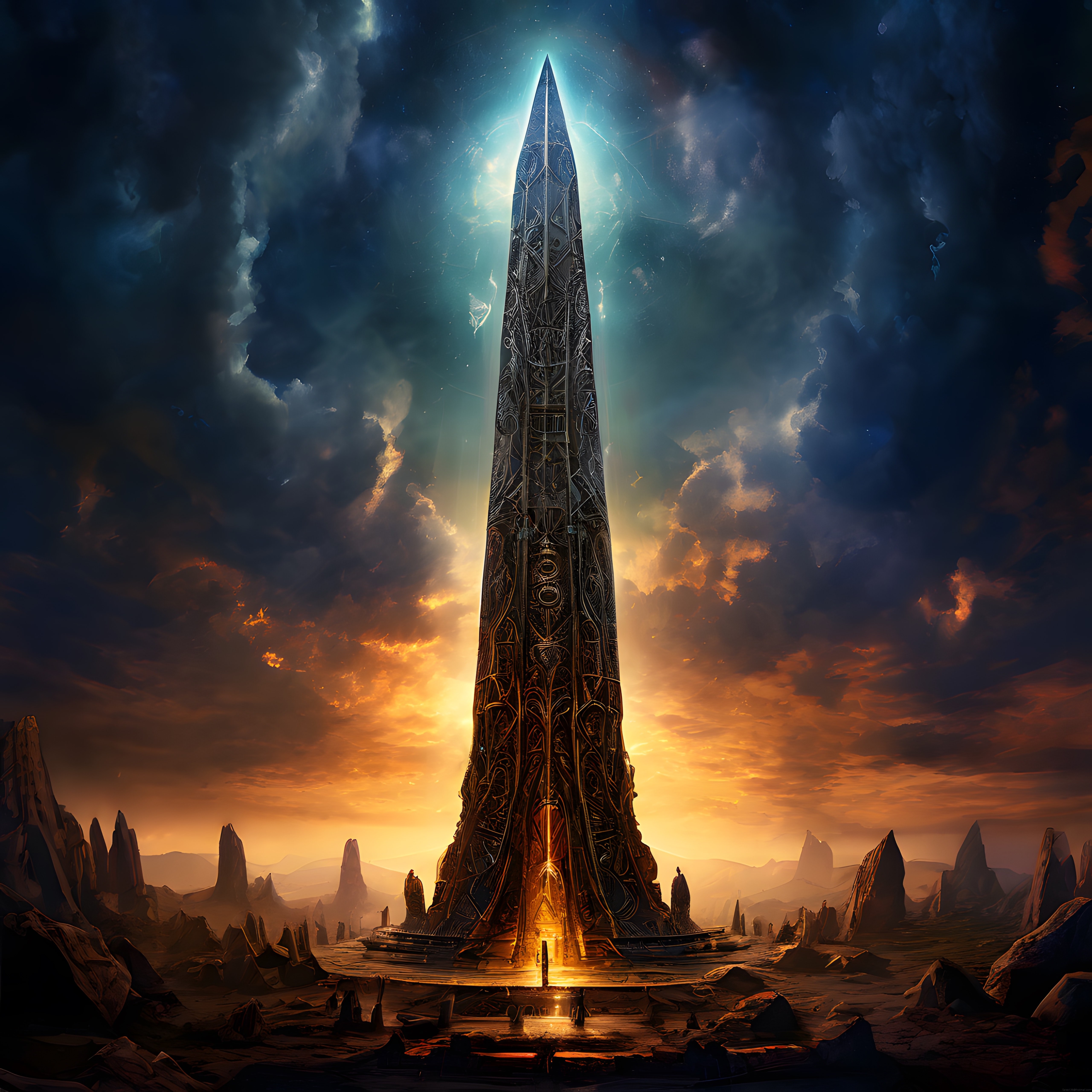 Uzak bir gezegende yükselen dev obelisk ve büyüleyici fantastik gökyüzü