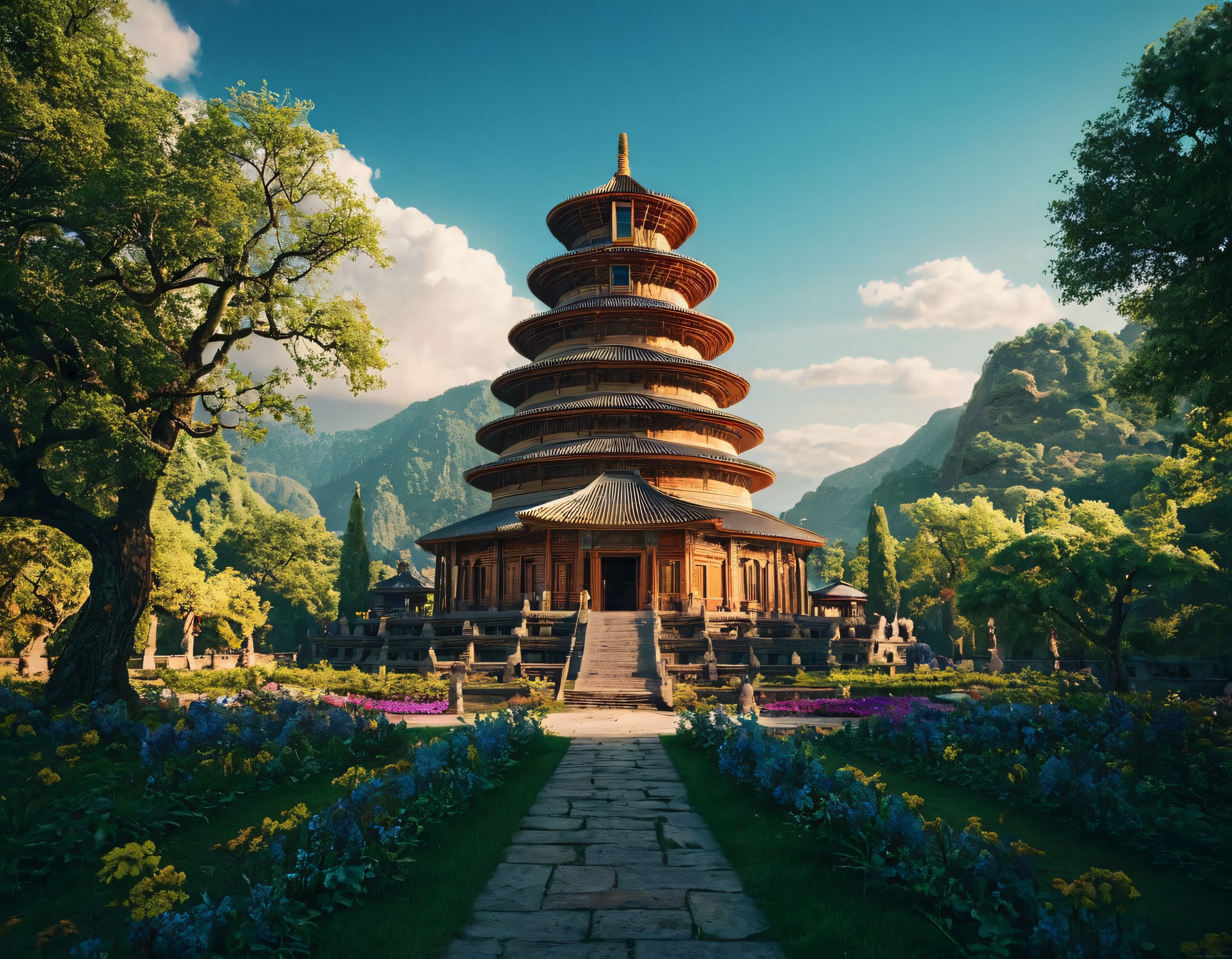 Uzak Doğu'da Çiçek Bahçeleriyle Çevrili Gizemli Pagoda Tapınağı ve Dağ Manzarası
