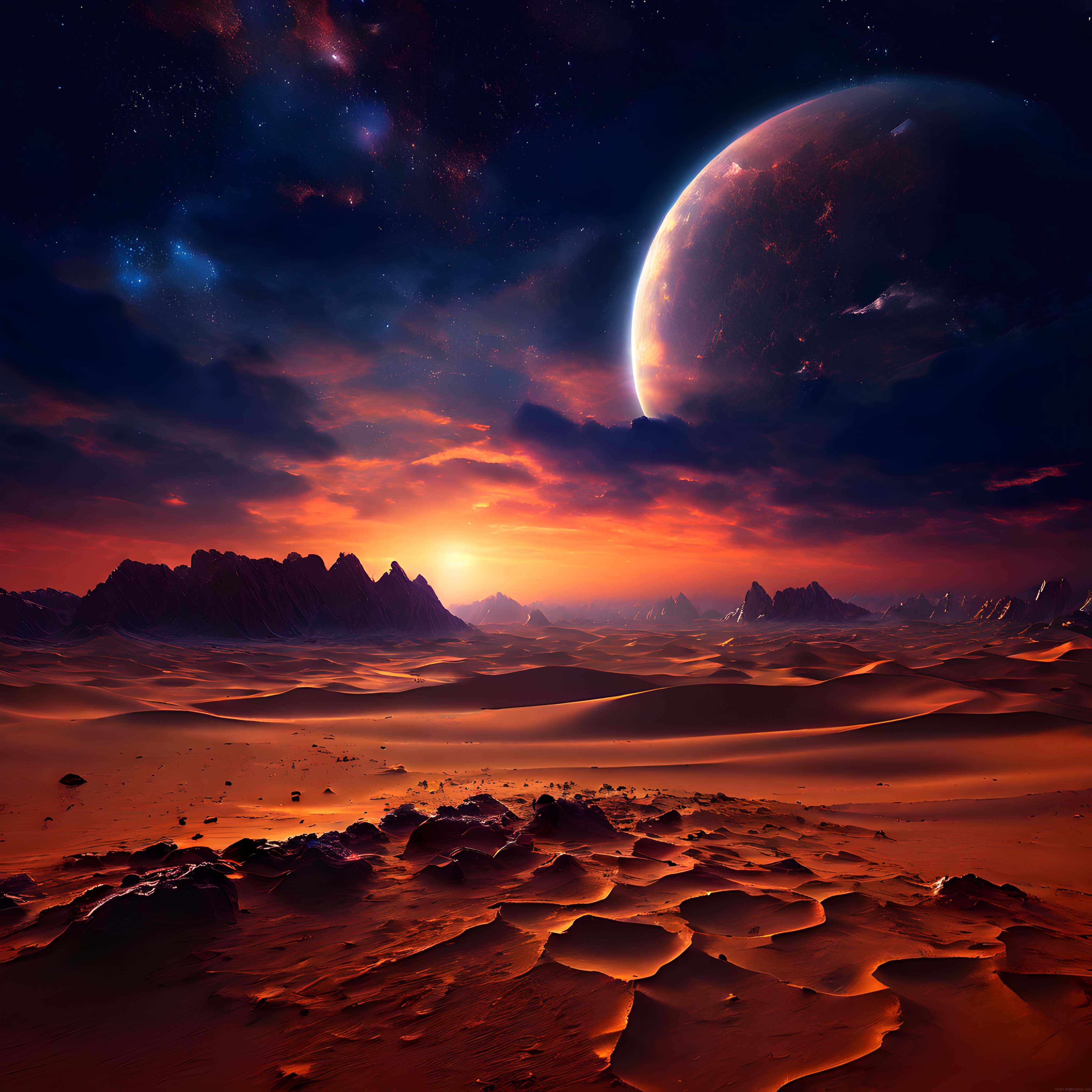 Uzak Galaksideki Yabancı Gezegende Efsanevi Gün Batımı ve Dev Planet Manzarası