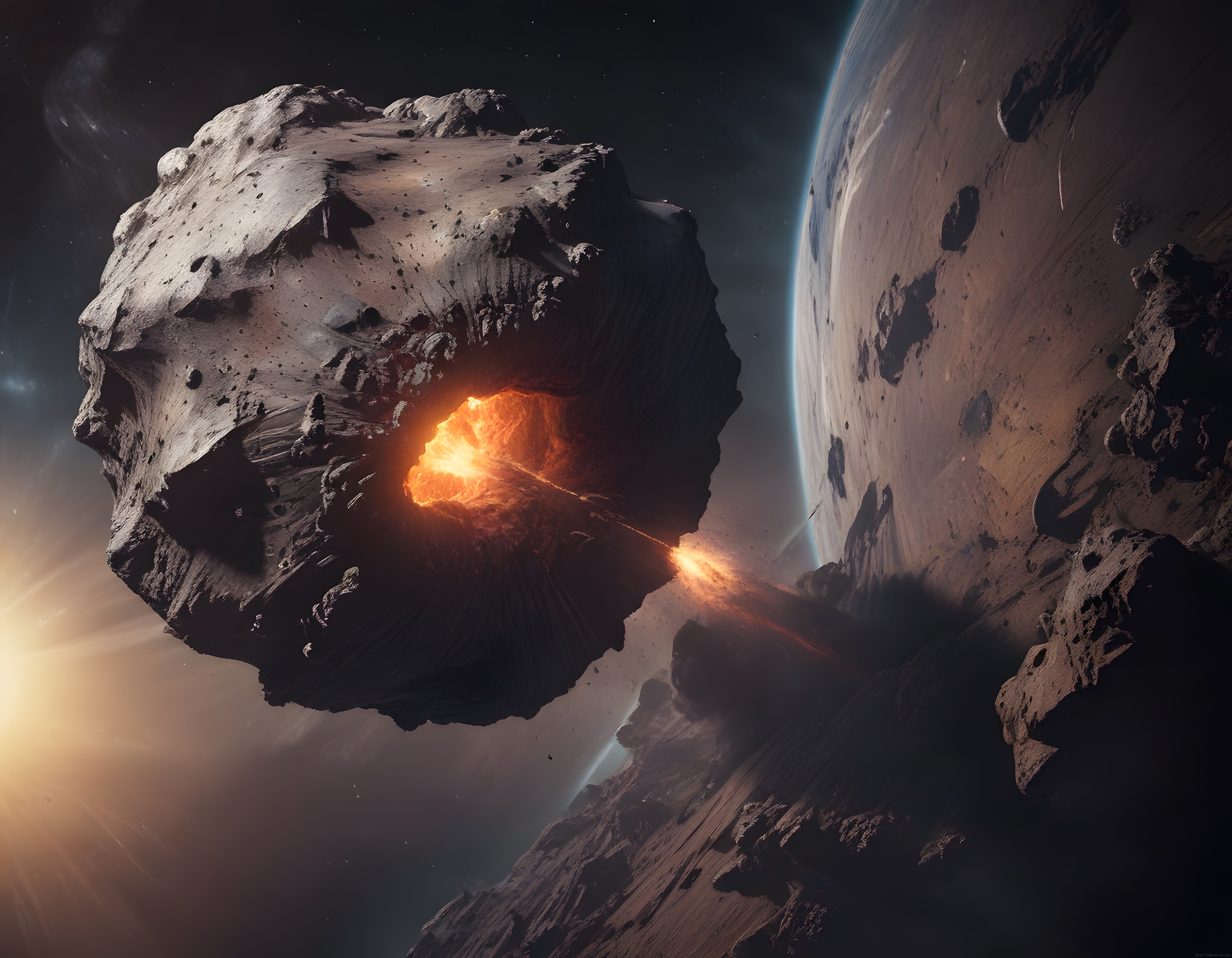 Uzay Boşluğunda Parlayan Çekirdekli Dev Asteroit ve Kızıl Gezegen Görseli