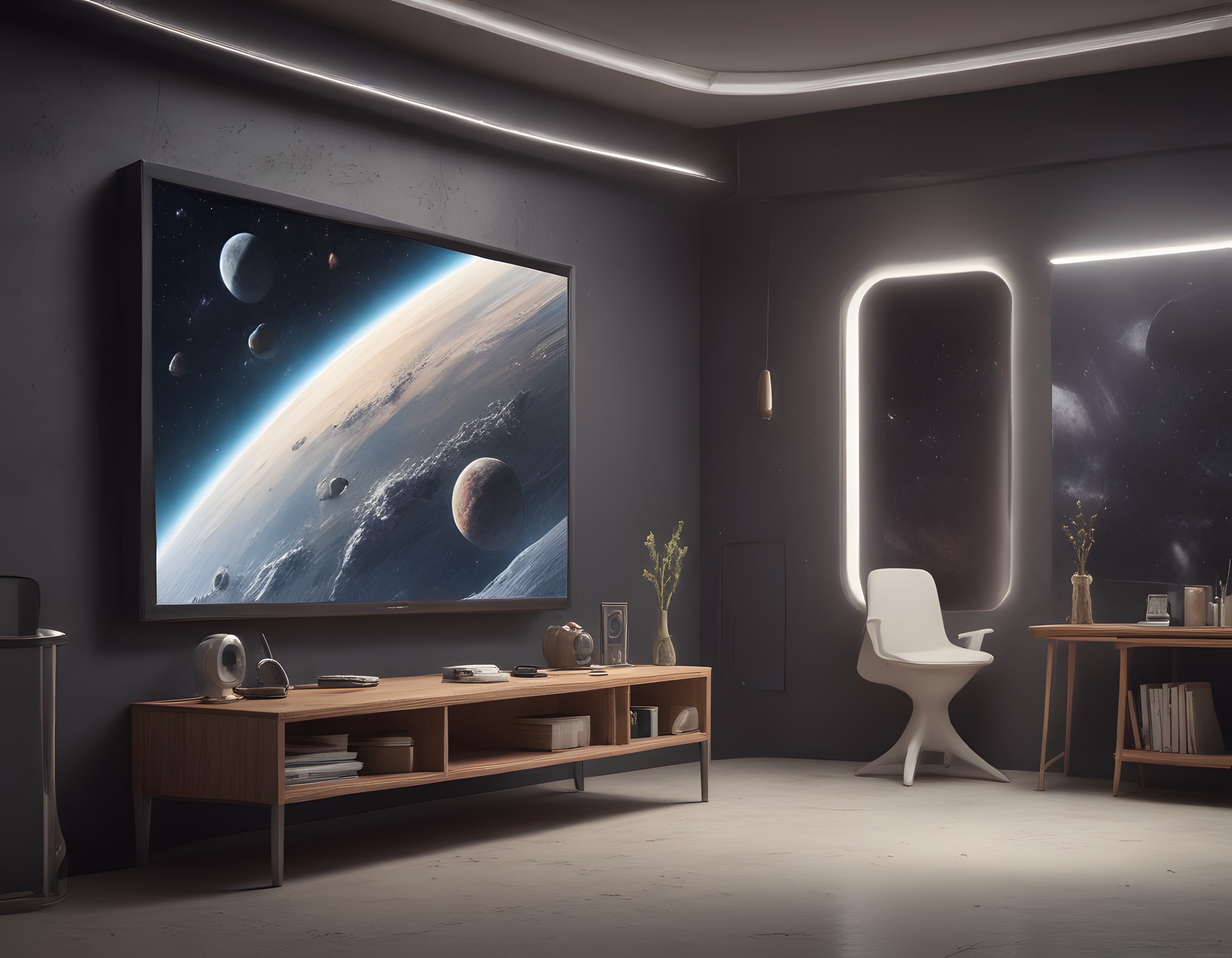 Uzay manzaralı modern salon, minimalist iç mekan dekorasyonu ve gezegen teması
