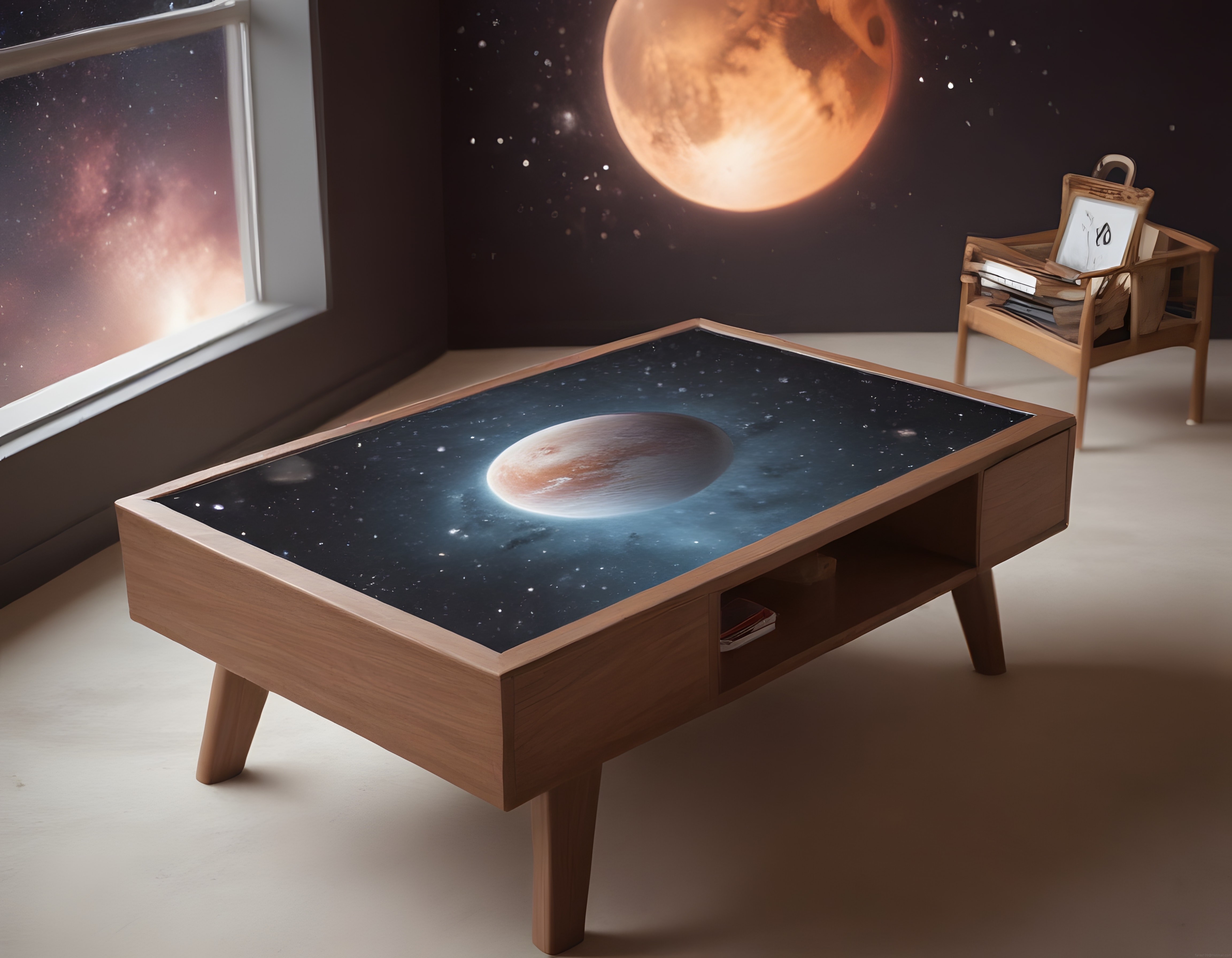Uzay Manzaralı Odada Gezegen Desenli Modern Ahşap Sehpa Tasarımı