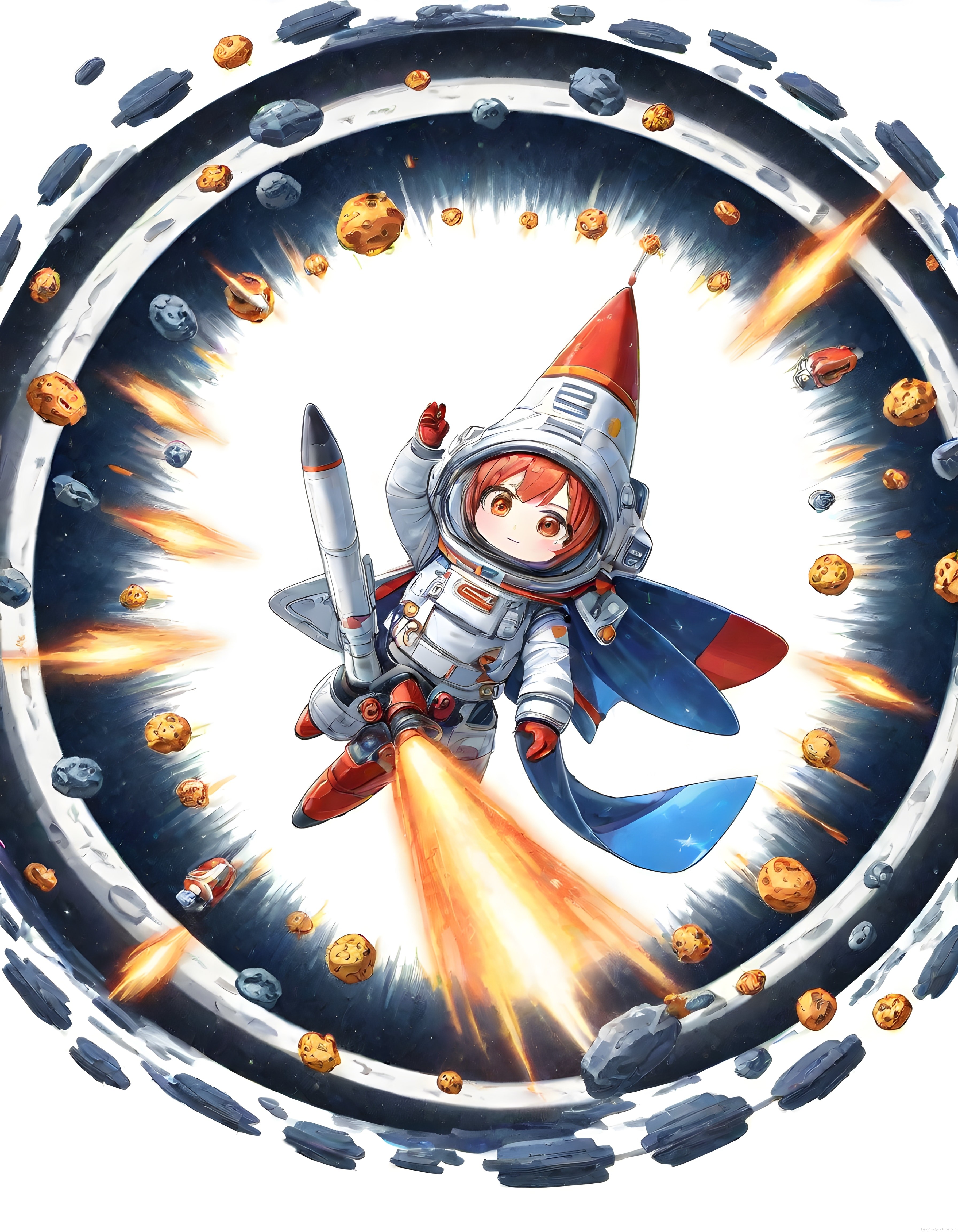 Uzay Portalından Süzülen Anime Astronot Kız ve Roket Temalı Dijital Sanat