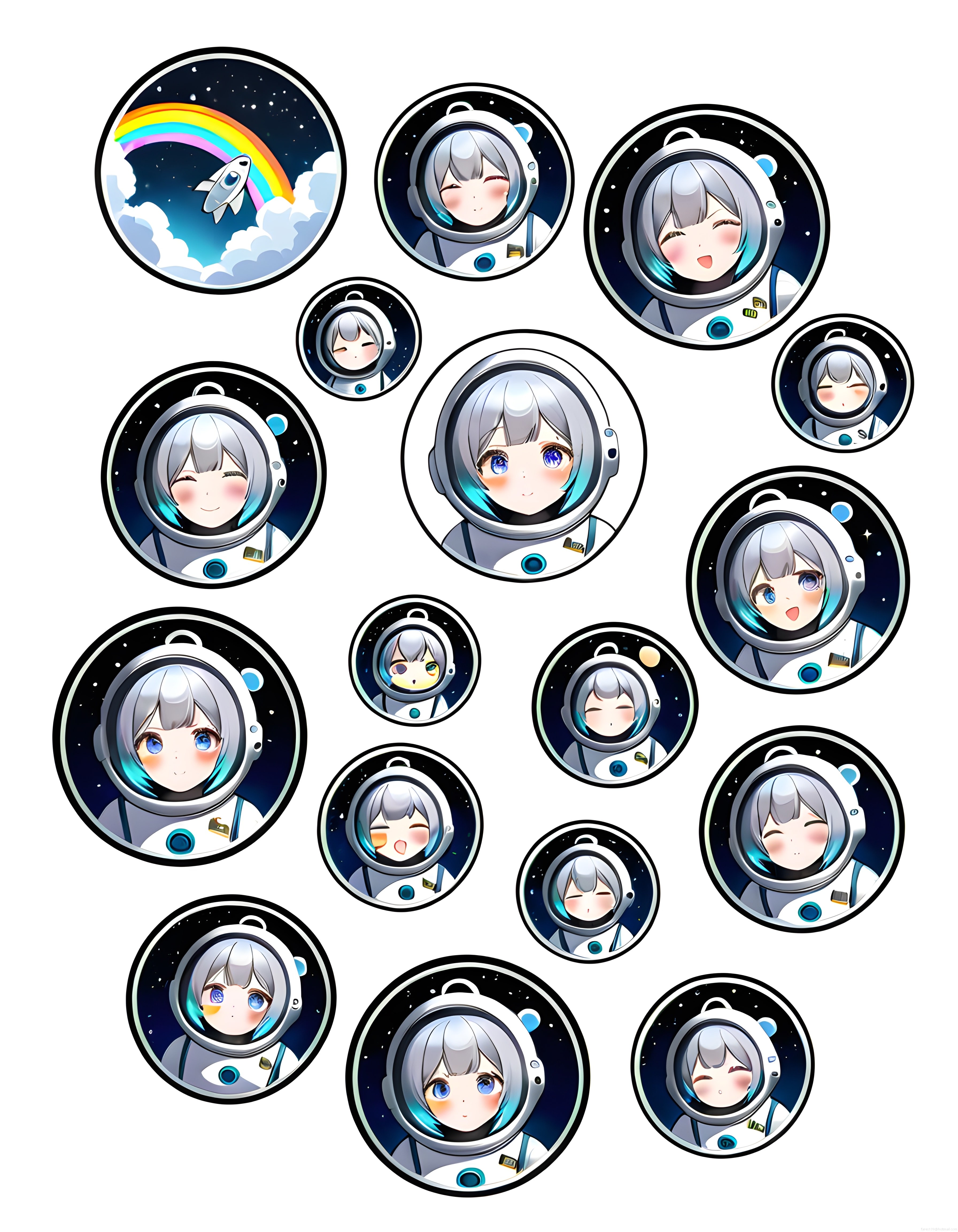 Uzay temalı anime astronot kız karakterlerinden oluşan kawaii dijital sticker seti