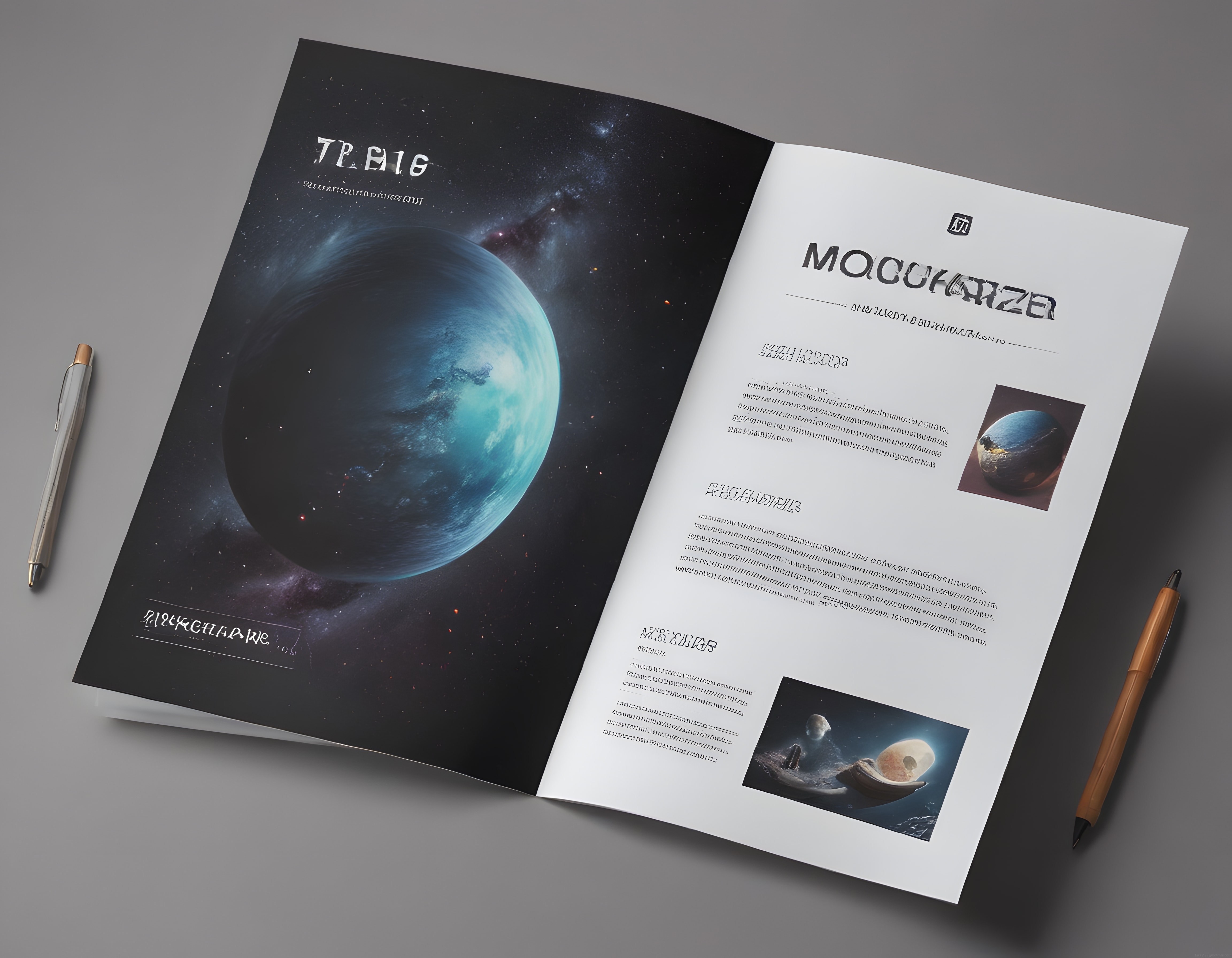 Uzay temalı dergi broşür mockup tasarımı ve gezegen illüstrasyonları