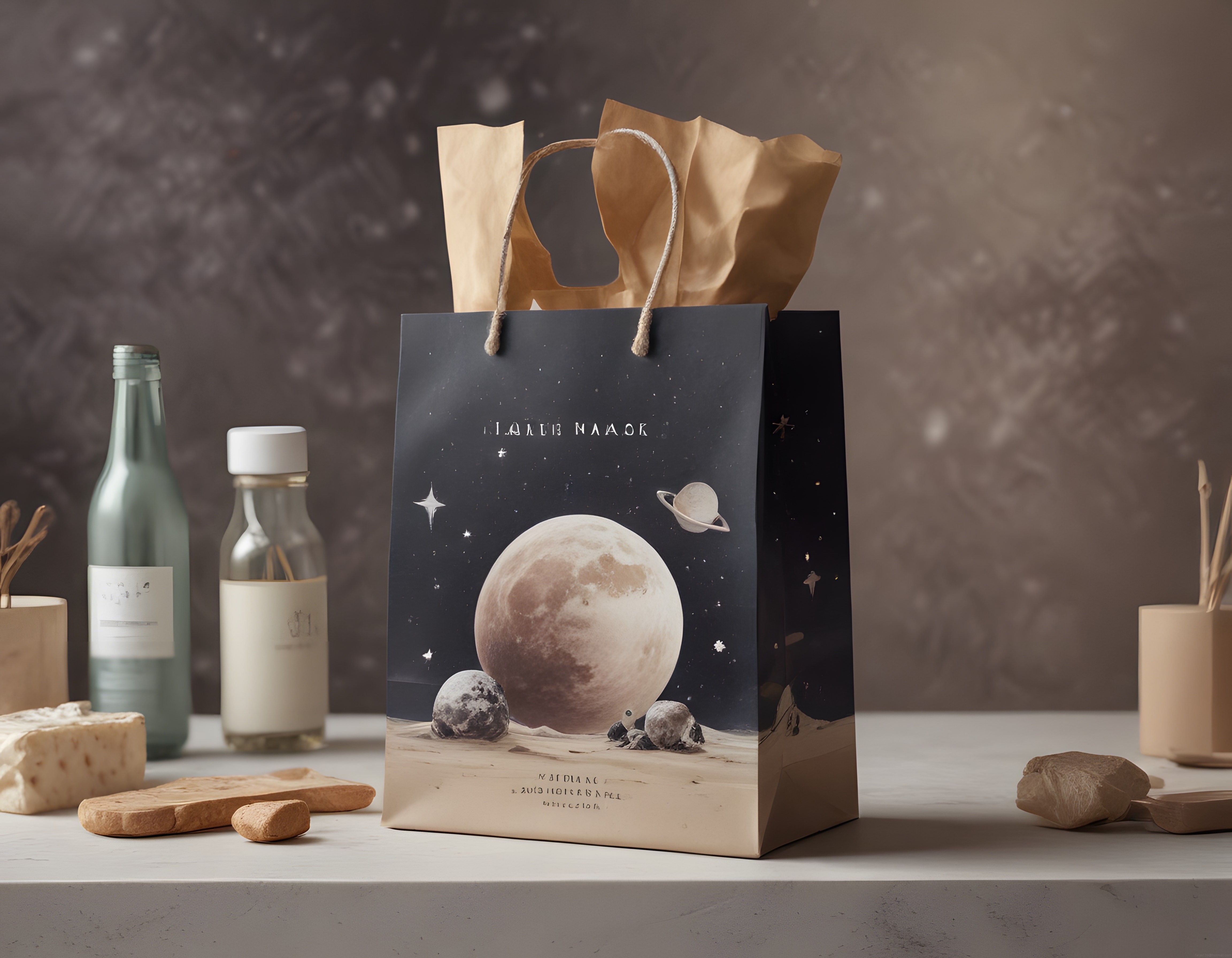 Uzay temalı hediye çantası ve minimalist masa üstü dekorasyon düzenlemesi