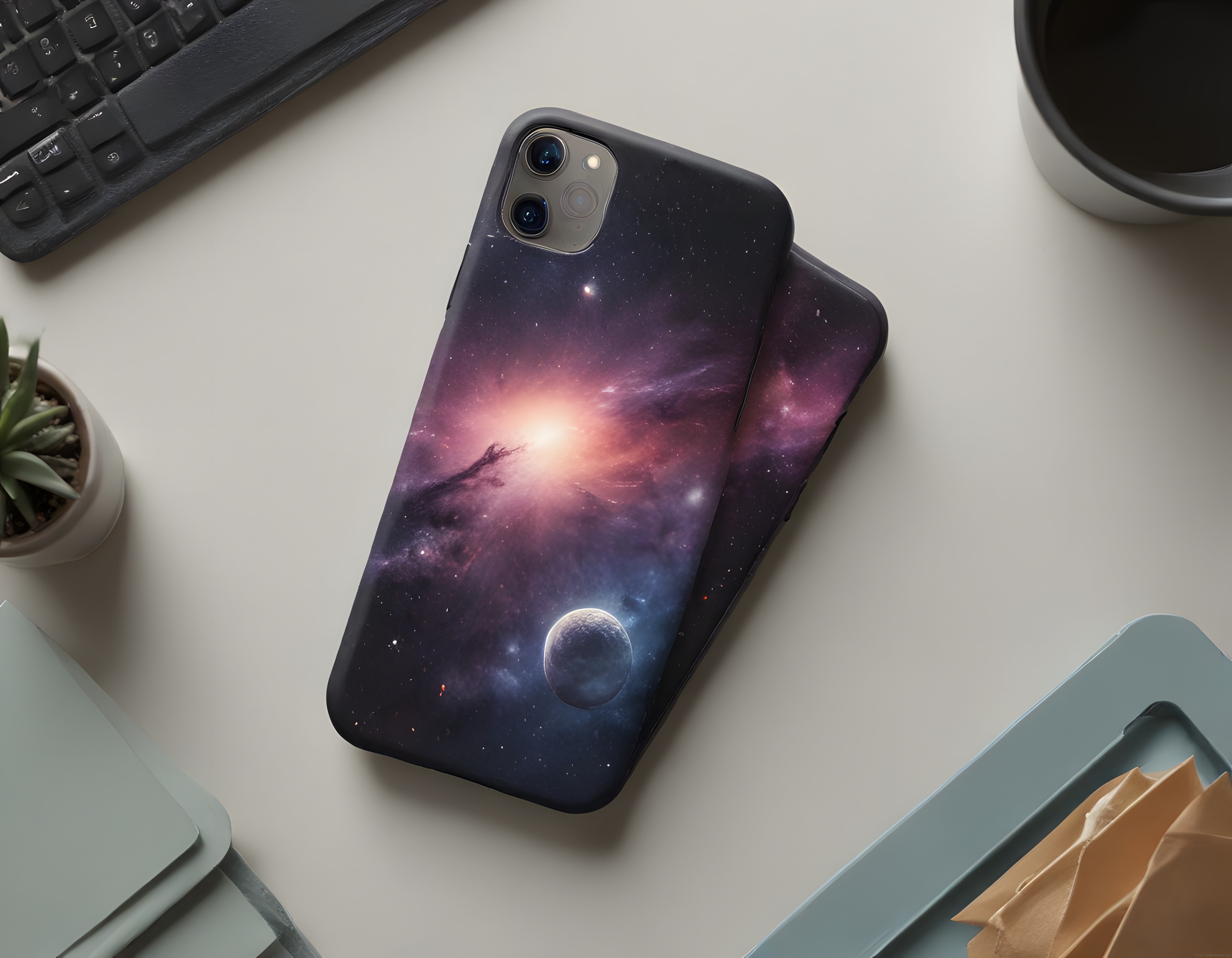 Uzay temalı iPhone kılıfı, kahve ve minimalist masa düzeni stil rehberi