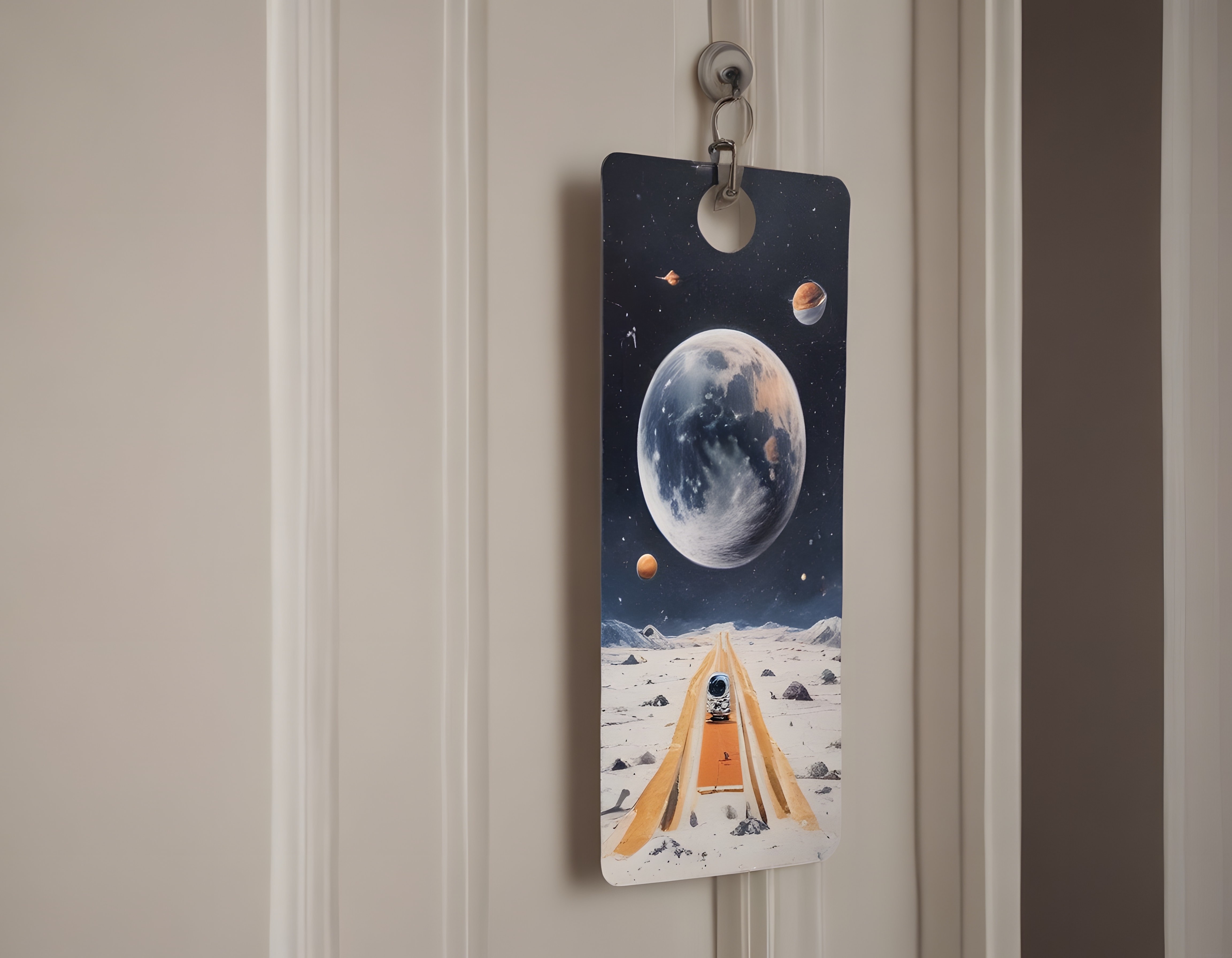 Uzay temalı kapı süsü: Ay yüzeyinde astronot ve gezegen manzarası