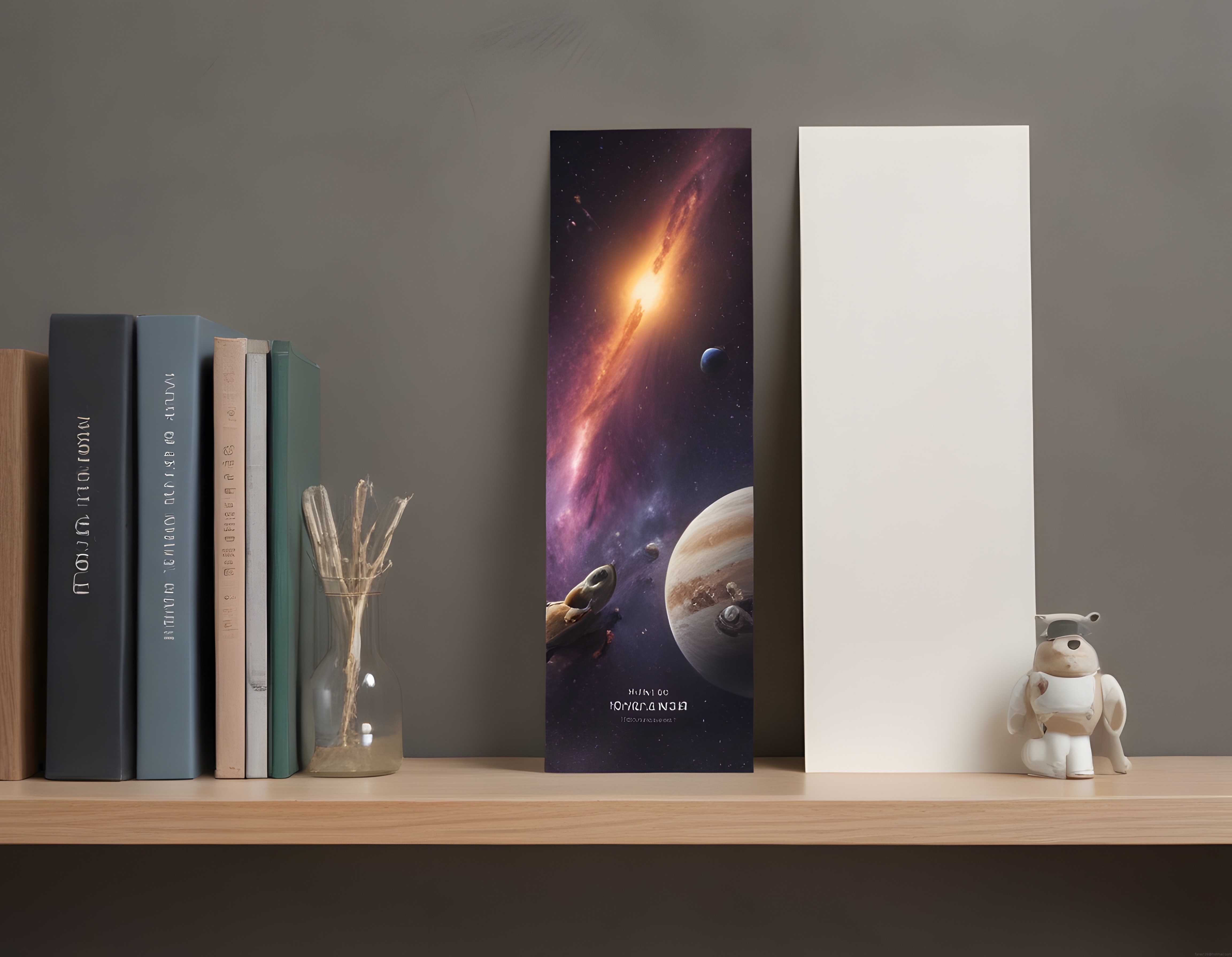 Uzay Temalı Minimalist Kitaplık Düzeni ve Dekoratif Astronot Biblo