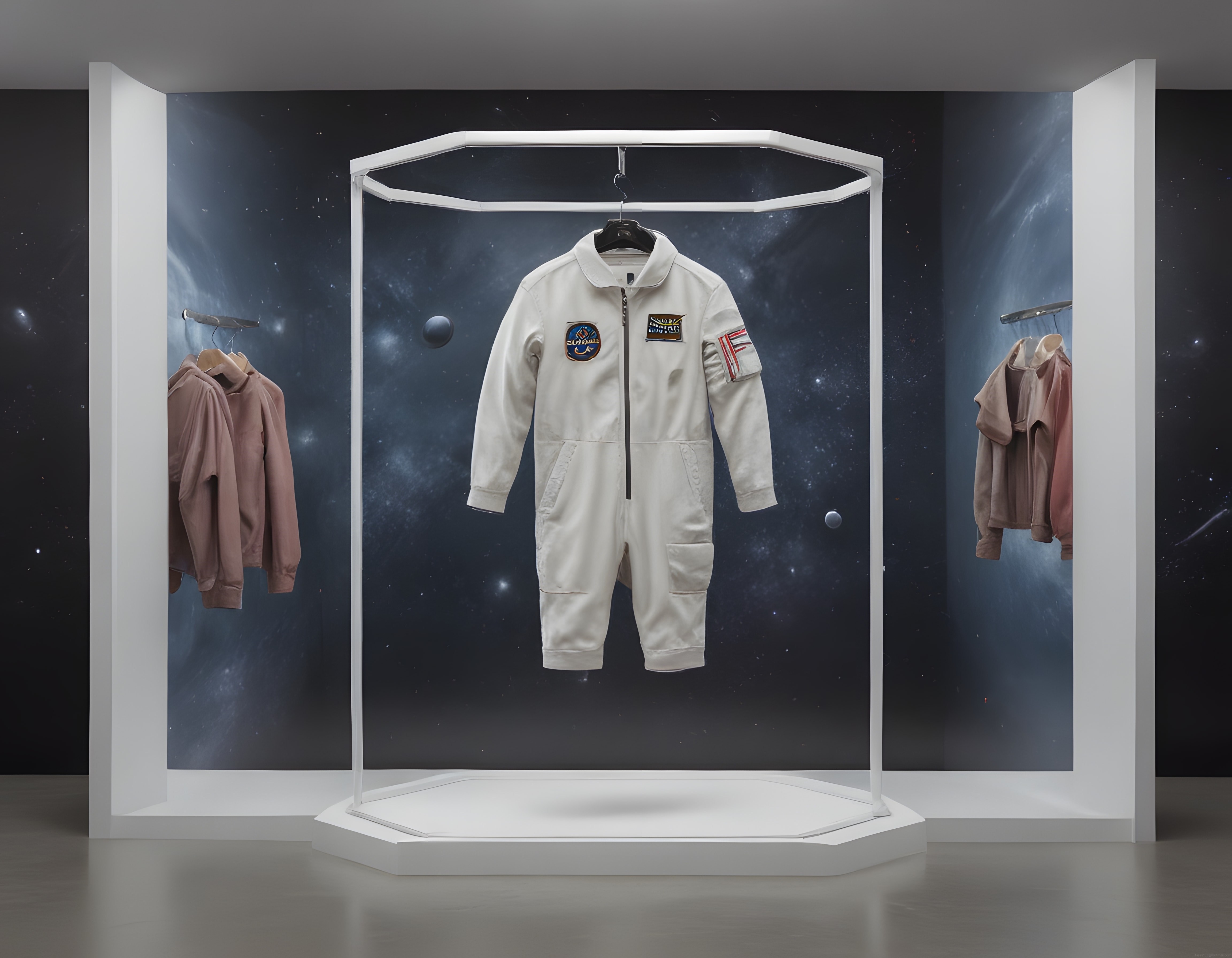 Uzay Temalı Modern Butikte Astronot Tulumu ve Tasarım Kıyafet Sergisi
