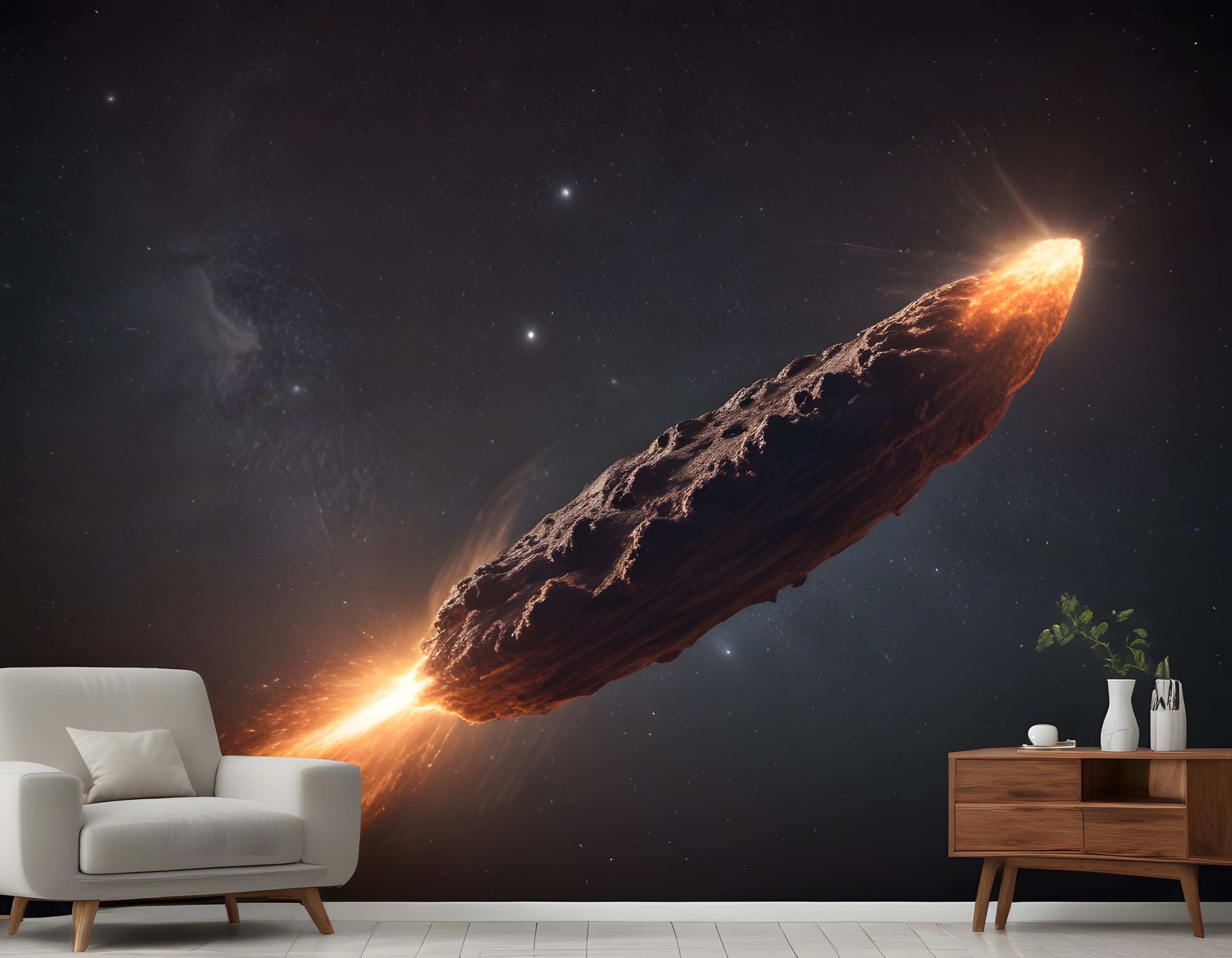 Uzay Temalı Parlak Asteroit Desenli Oturma Odası Duvar Kağıdı Tasarımı