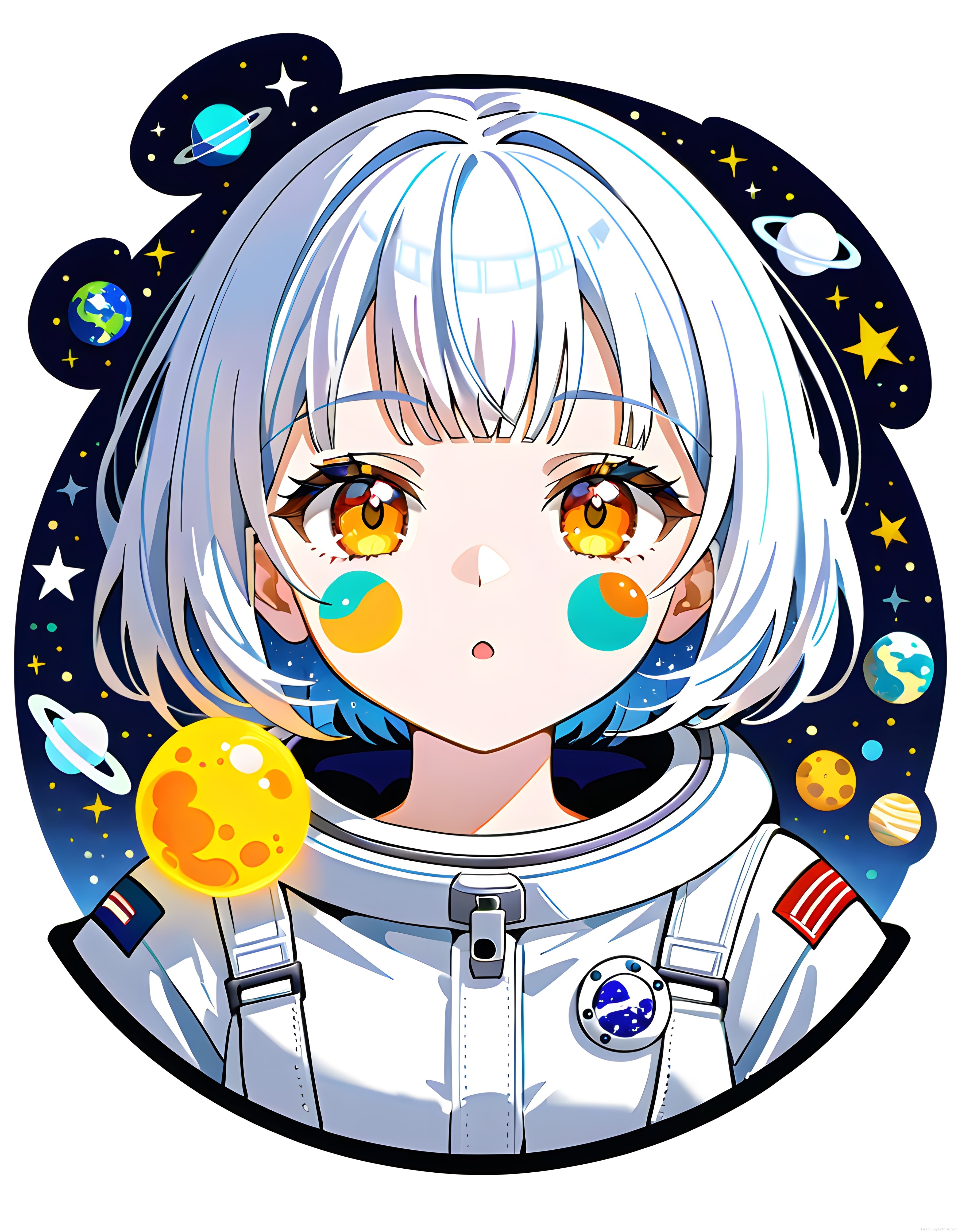 Uzay Temalı Sevimli Anime Astronot Kız Dijital İllüstrasyon Sanat Çalışması