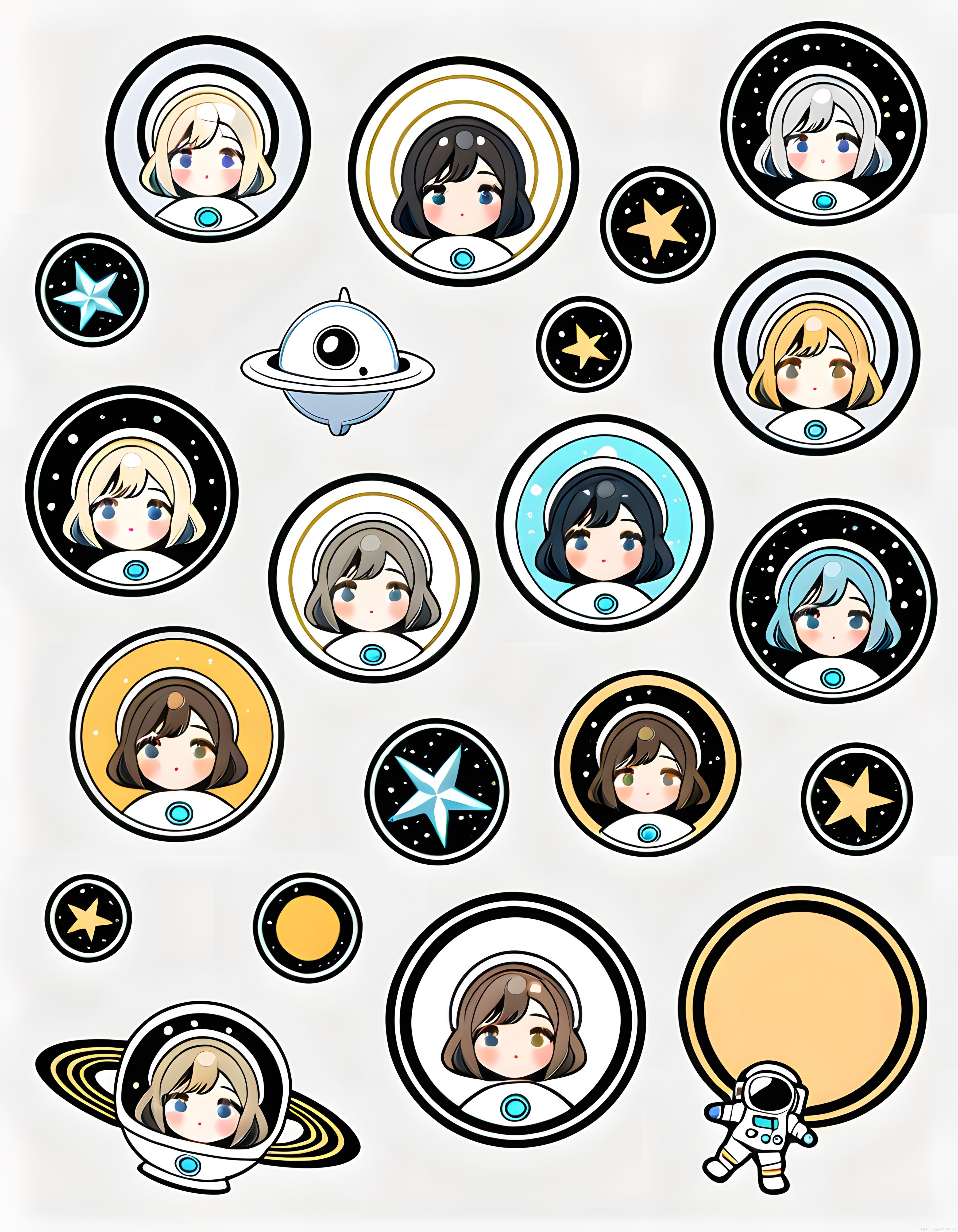 Uzay temalı sevimli astronot kızlar ve kawaii gezegen sticker seti