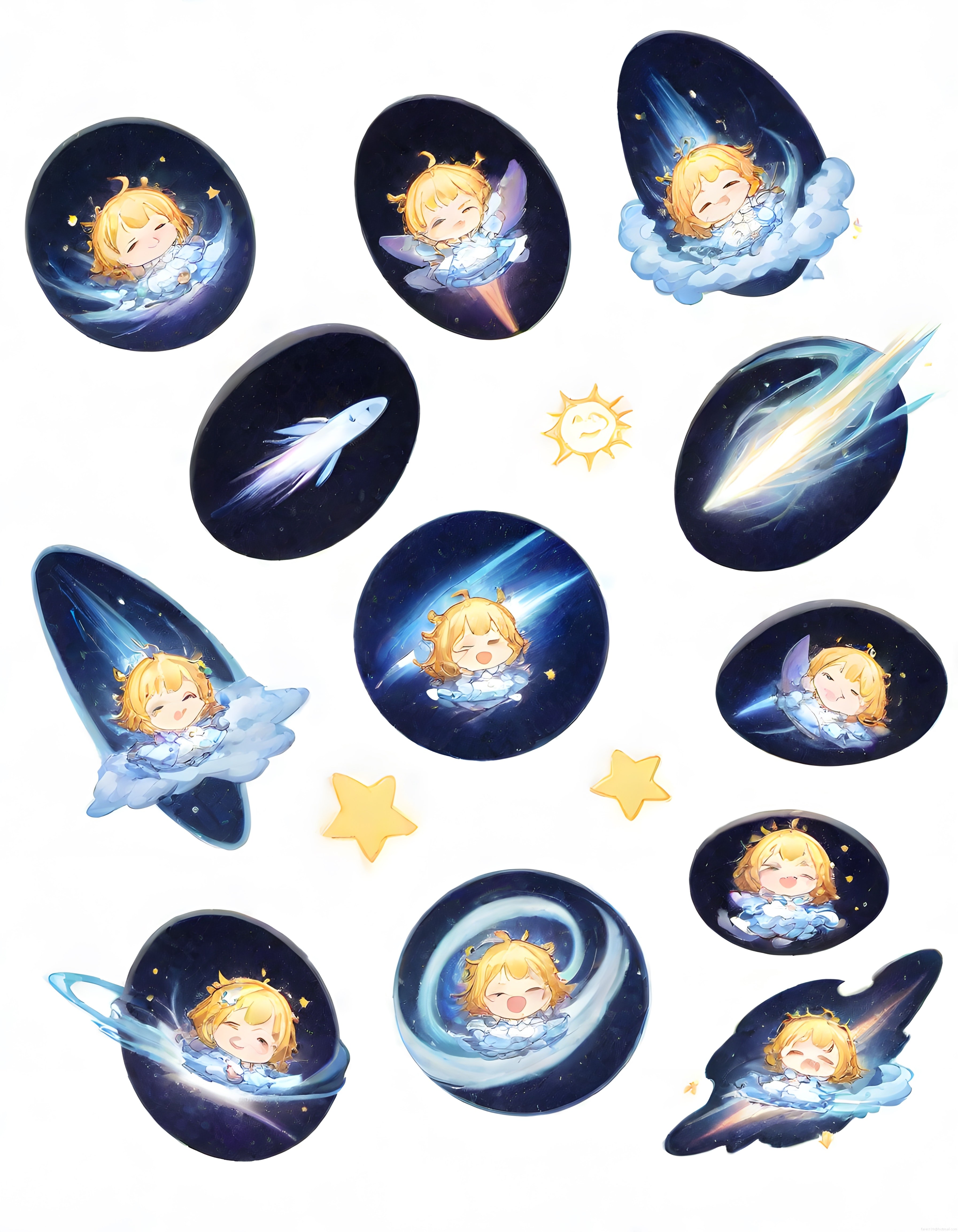 Uzay temalı sevimli chibi anime kız karakterinin suluboya dijital sticker ve rozet seti