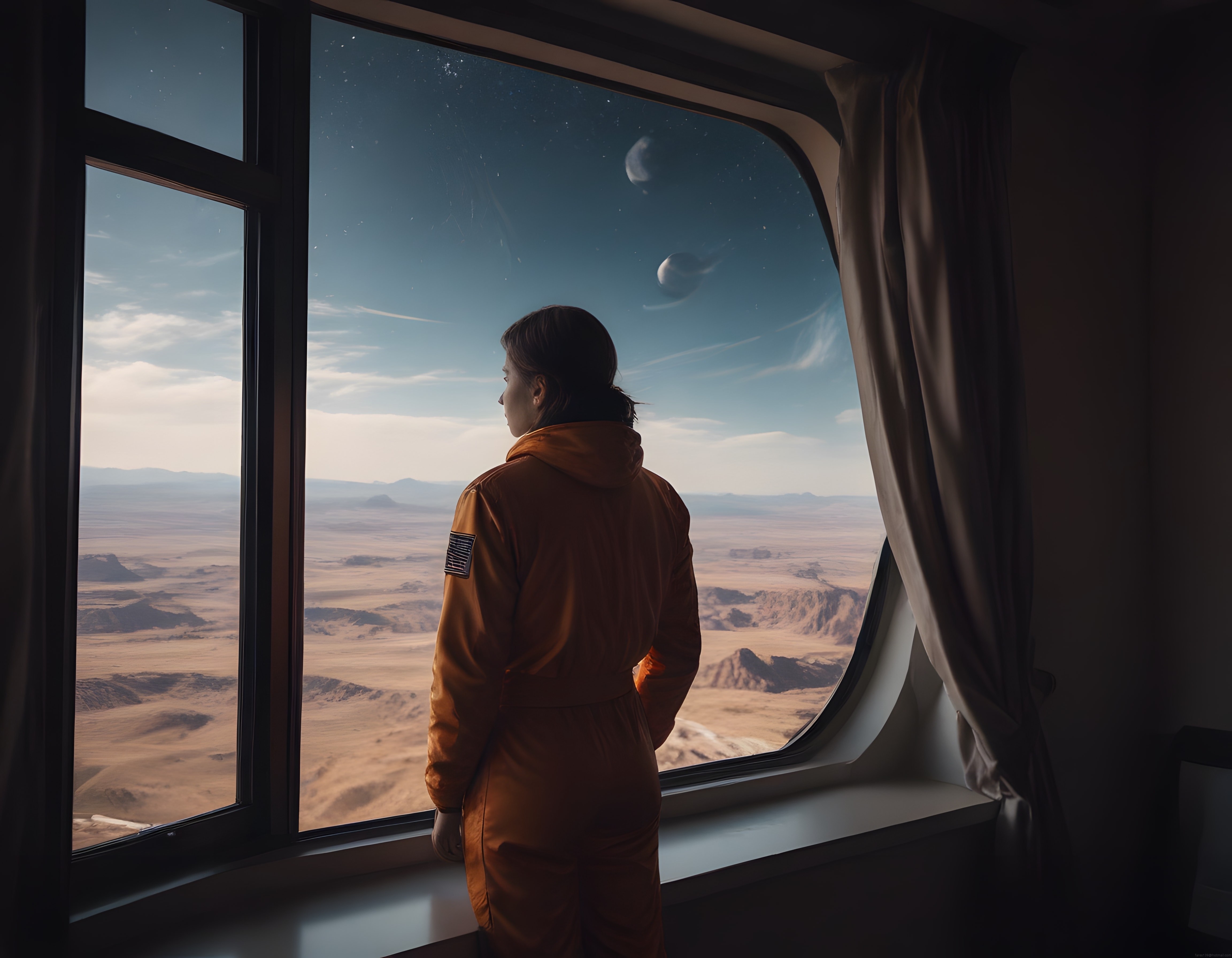 Uzay üssü penceresinde yalnız astronot ve yabancı gezegen manzarası