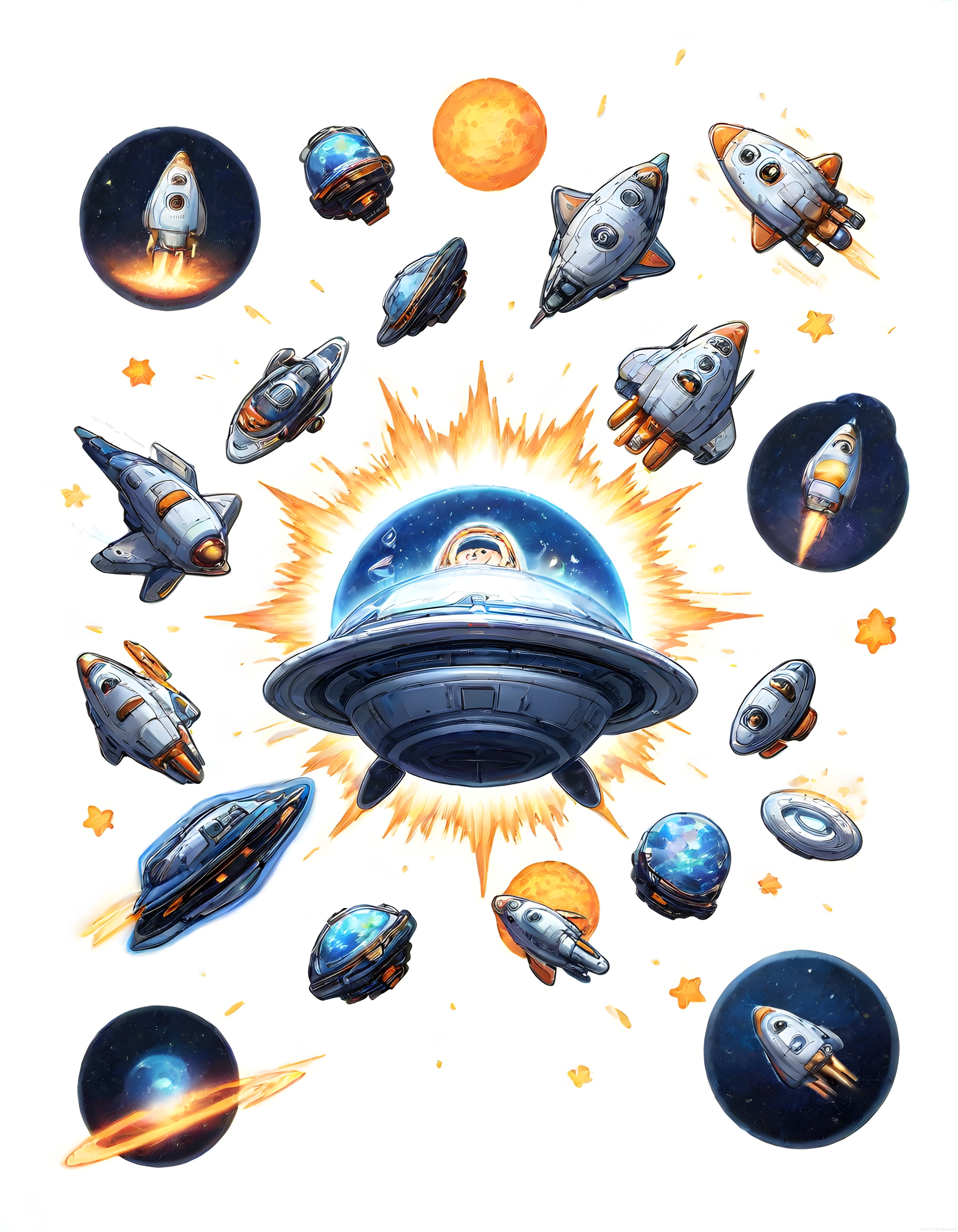Uzay Yolculuğu Temalı Renkli Roket ve UFO Çizgi Film Sticker Koleksiyonu
