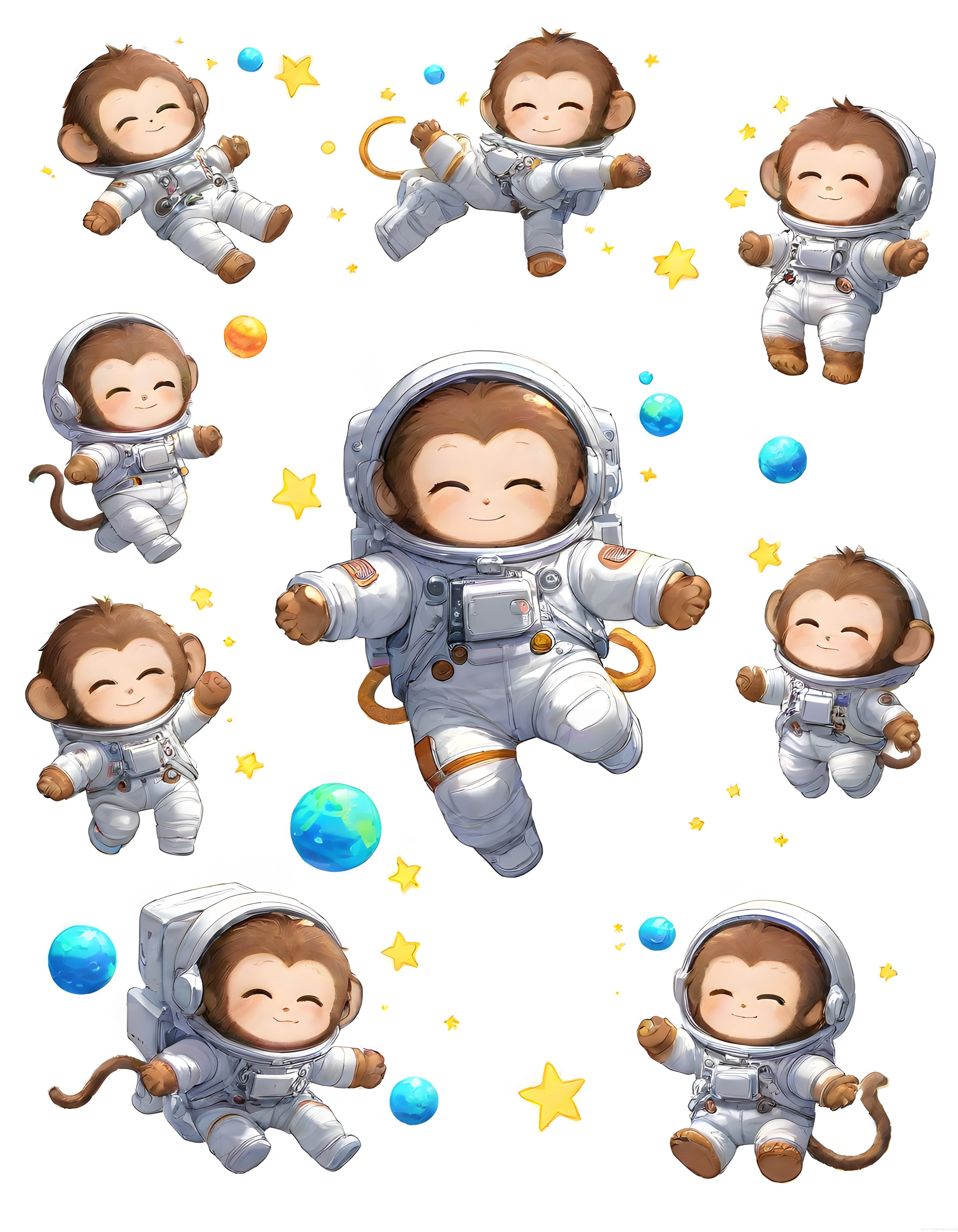 Uzayda süzülen astronot maymunlar, sevimli karikatür çizim ve çıkartma seti