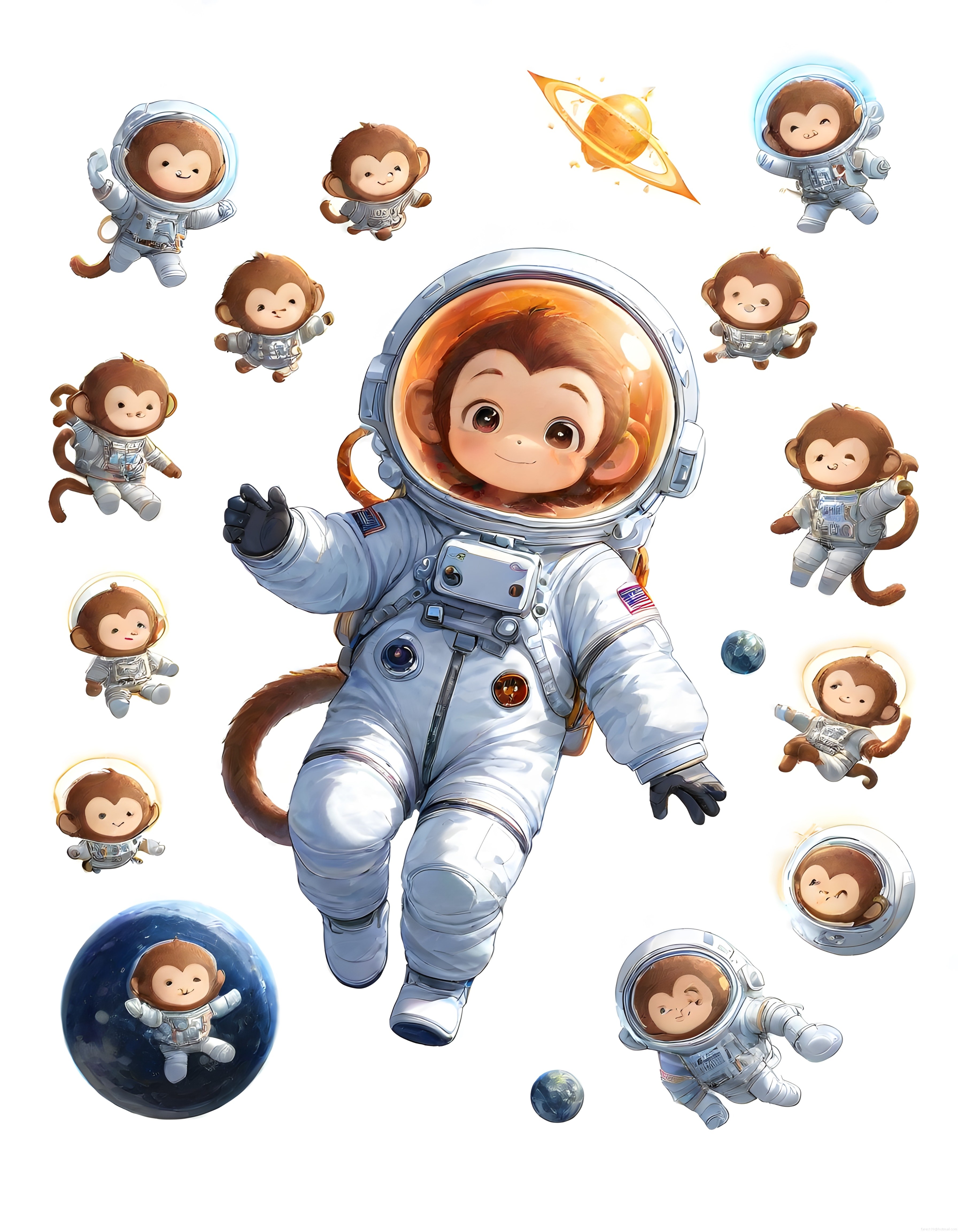 Uzayda Süzülen Sevimli Astronot Maymunlar Çizgi Film İllüstrasyonu