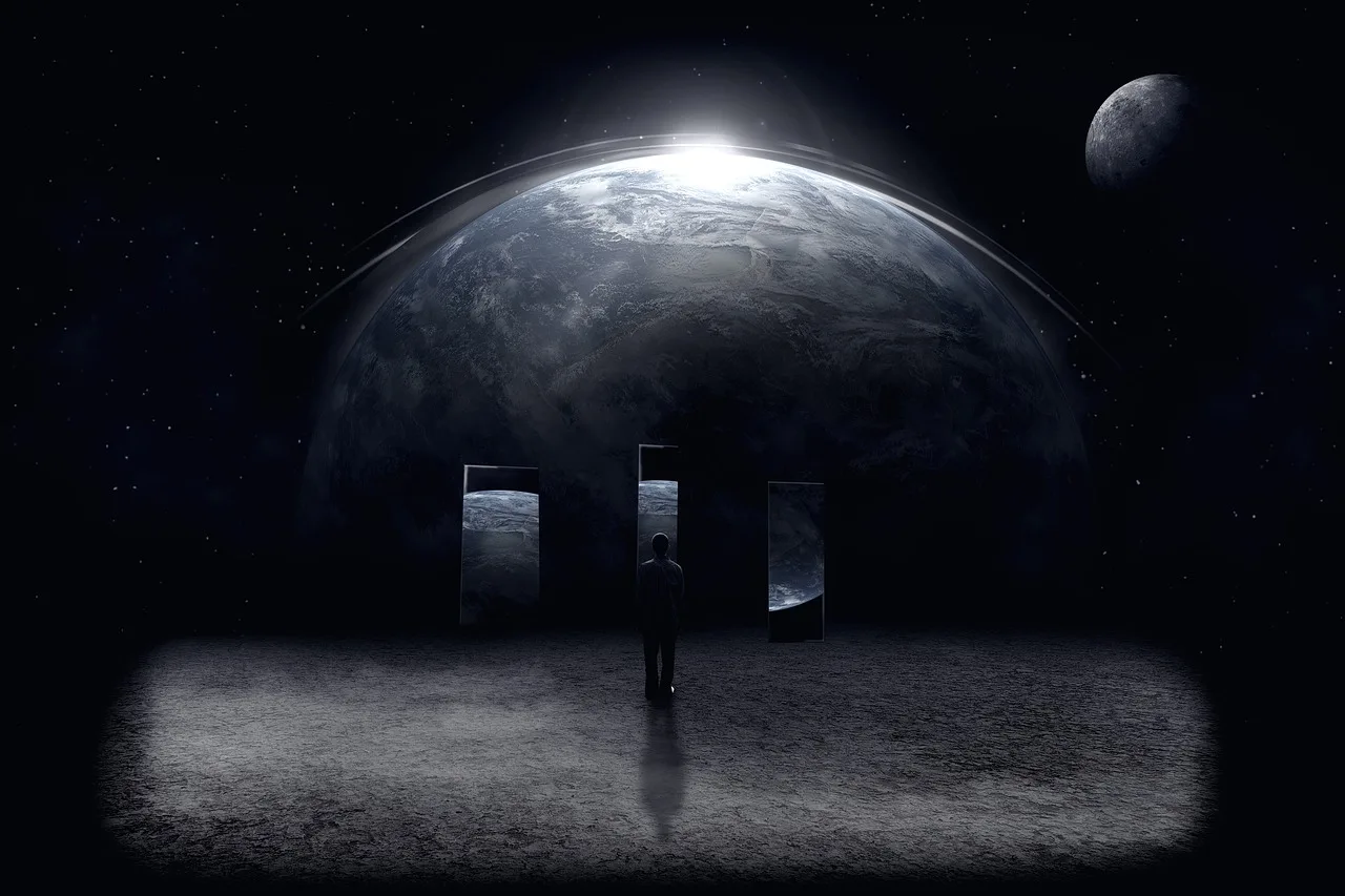 Uzayda UFO'lu fantastik gezegen illüstrasyonu - gece