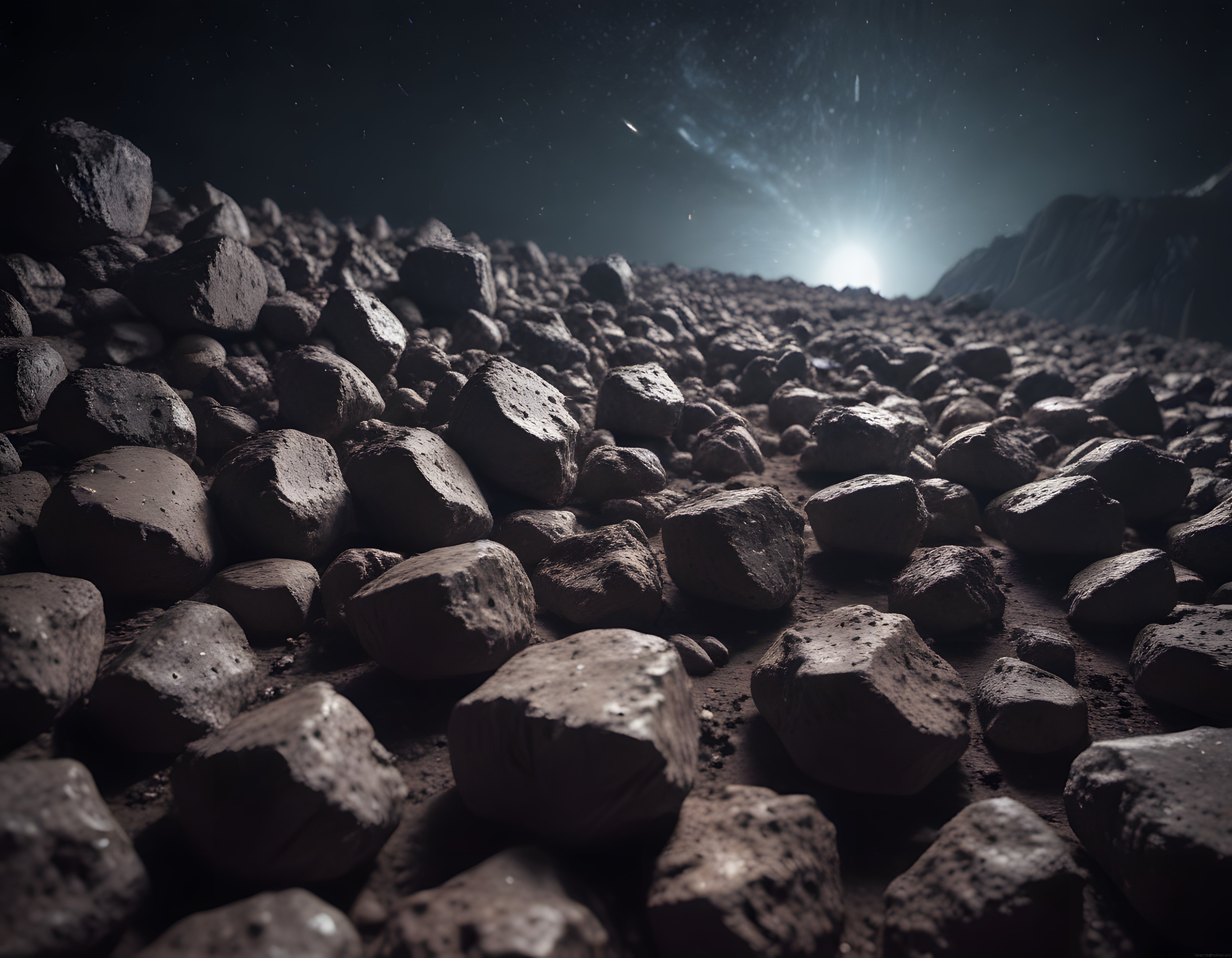 Uzayın derinliklerinde kayalık bir asteroid yüzeyi ve parlak yıldız ışığı