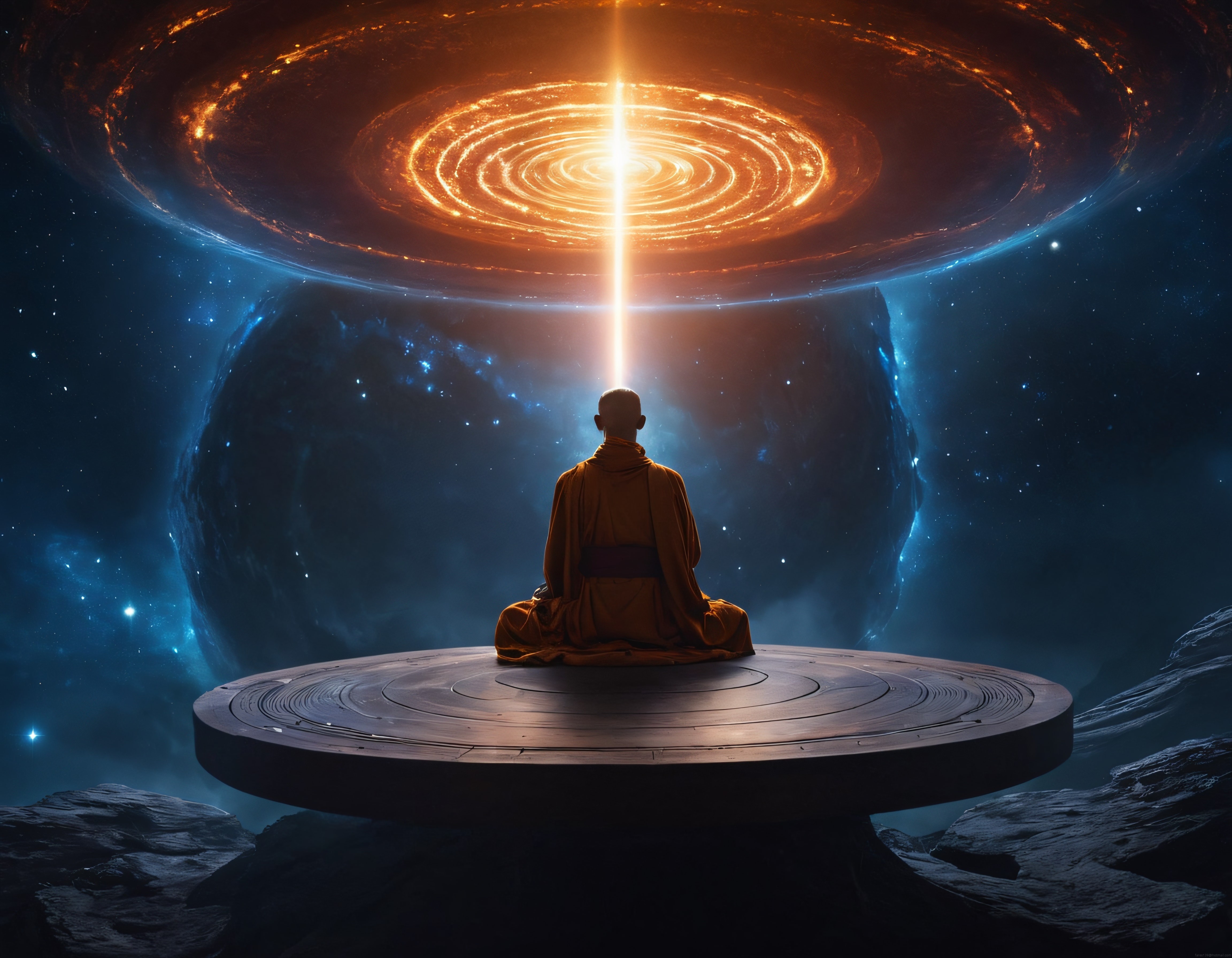 Uzayın Derinliklerinde Kozmik Portal Önünde Meditasyon Yapan Gizemli Keşiş