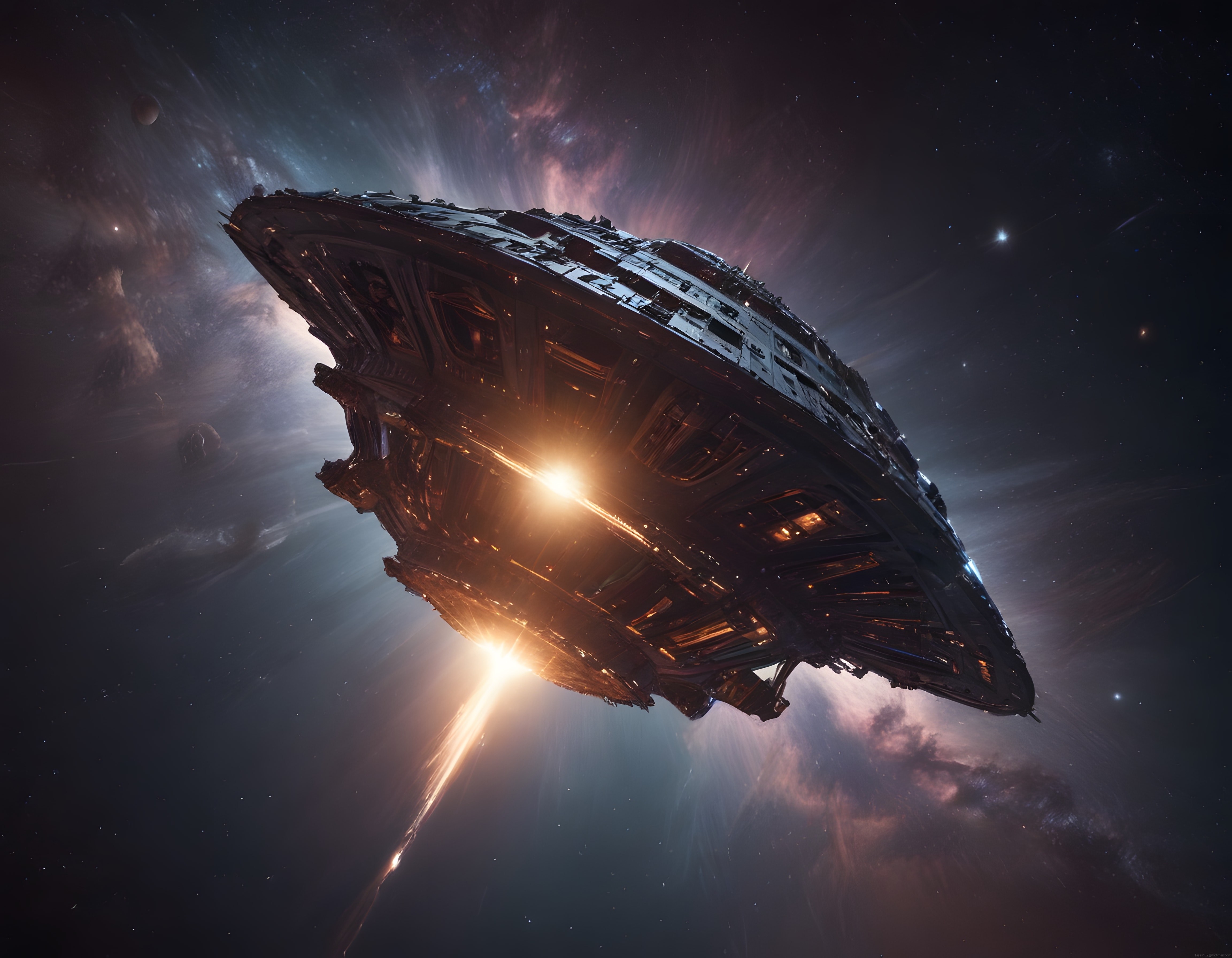 Uzayın Derinliklerinde Nebula Eşliğinde Süzülen Gizemli Dev Uzay Gemisi