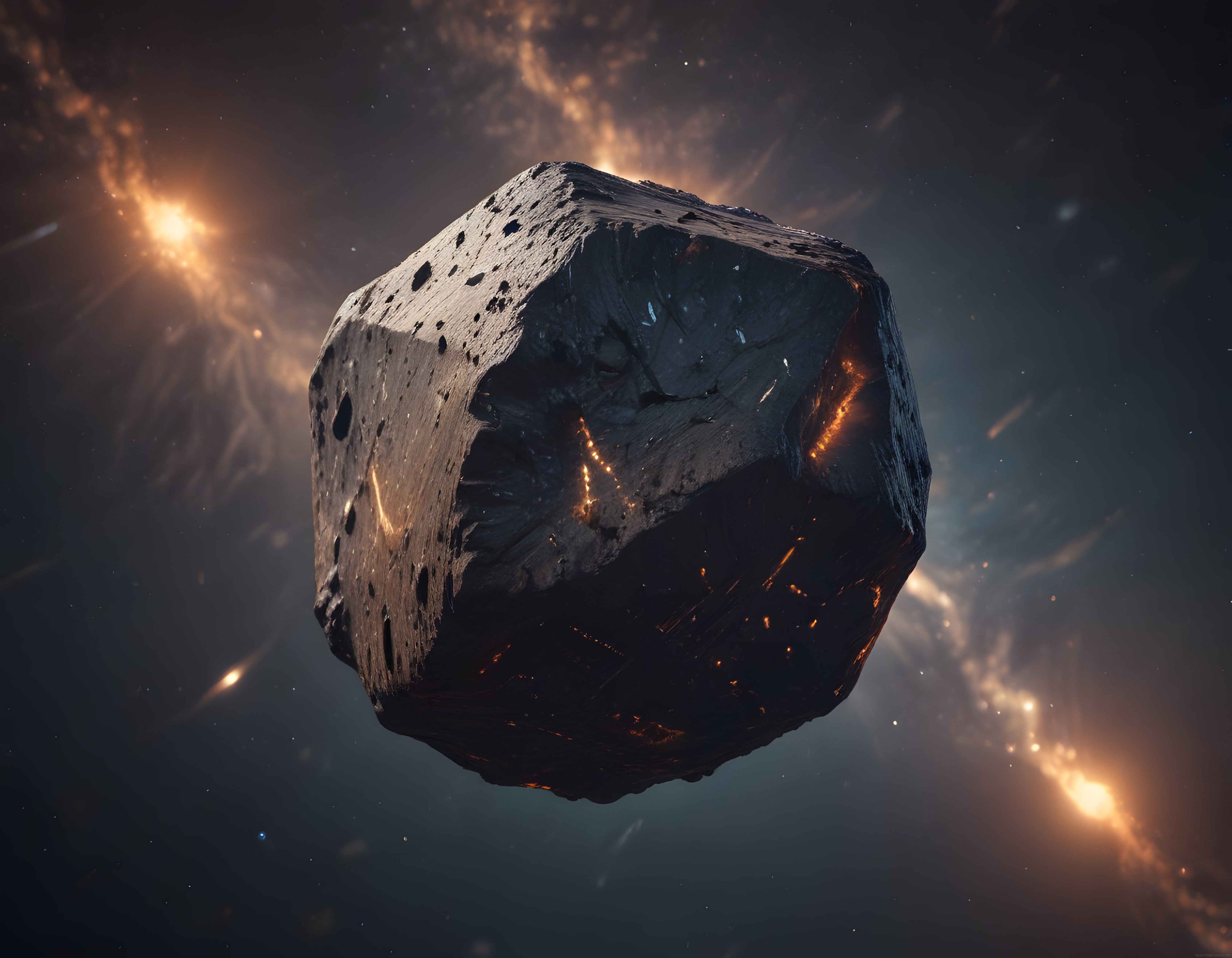 Uzayın derinliklerinde parlayan geometrik asteroit ve yıldızlı arka plan